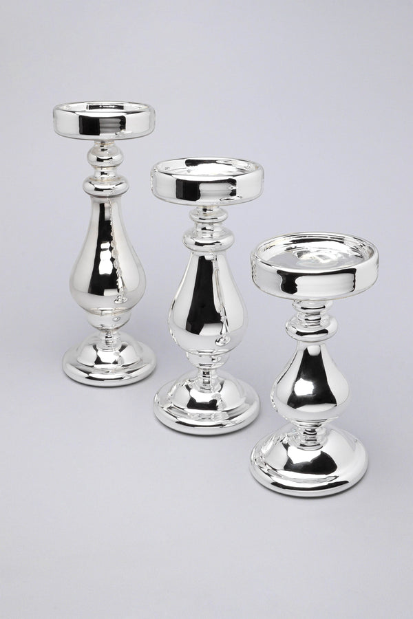 Silvermere Set of 3 Hand-Blown Silver Glass Pillar Candle Holders