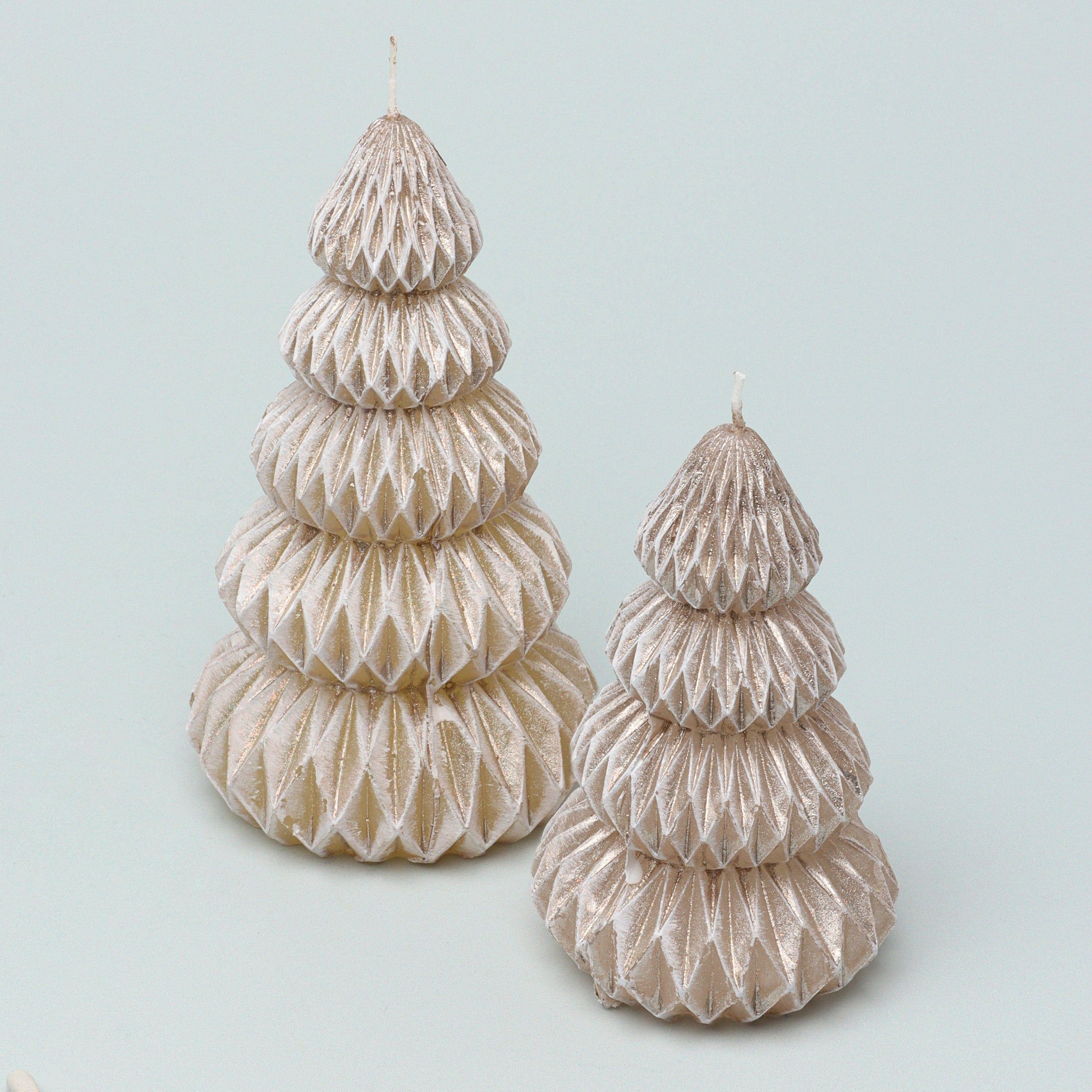 Snowy Glow Hand-Finished Christmas Tree Candle in Taupe Beige with Gold Sheen - G Decor