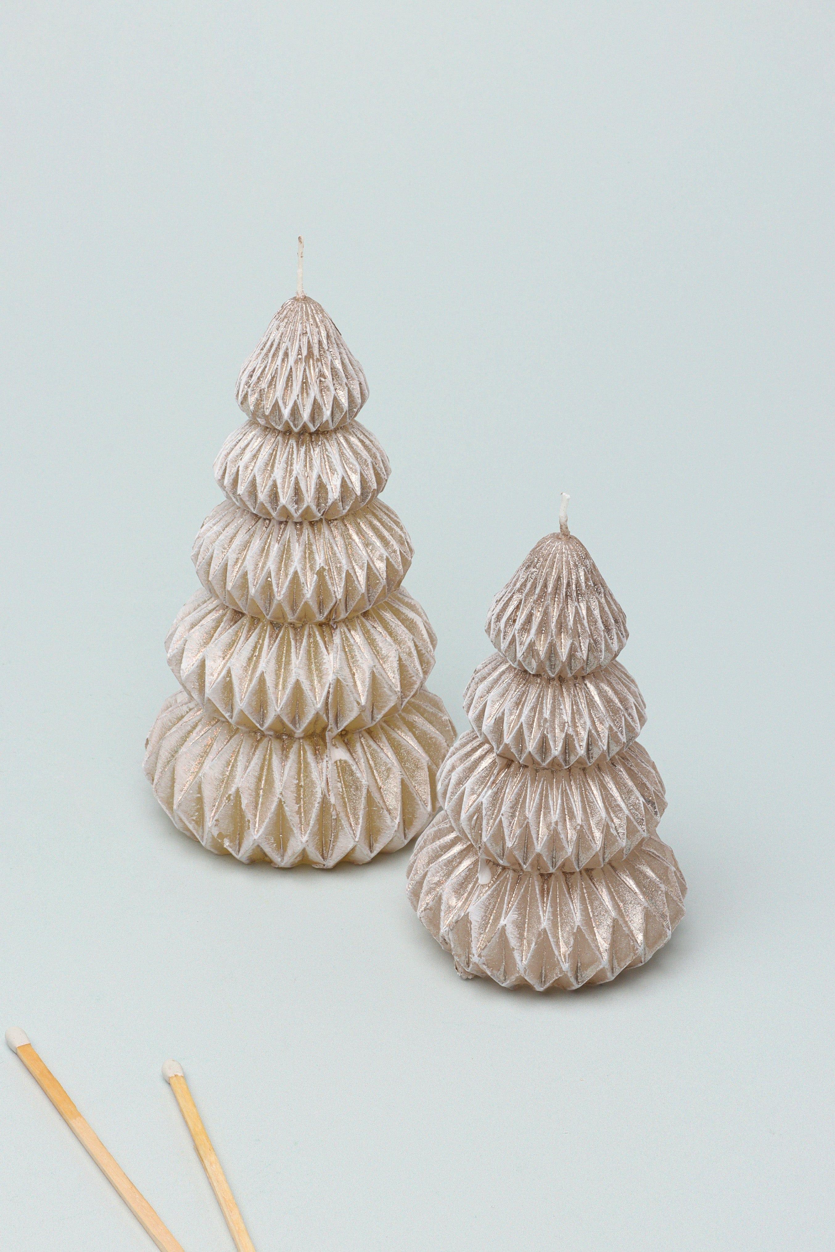 Snowy Glow Hand-Finished Christmas Tree Candle in Taupe Beige with Gold Sheen - G Decor