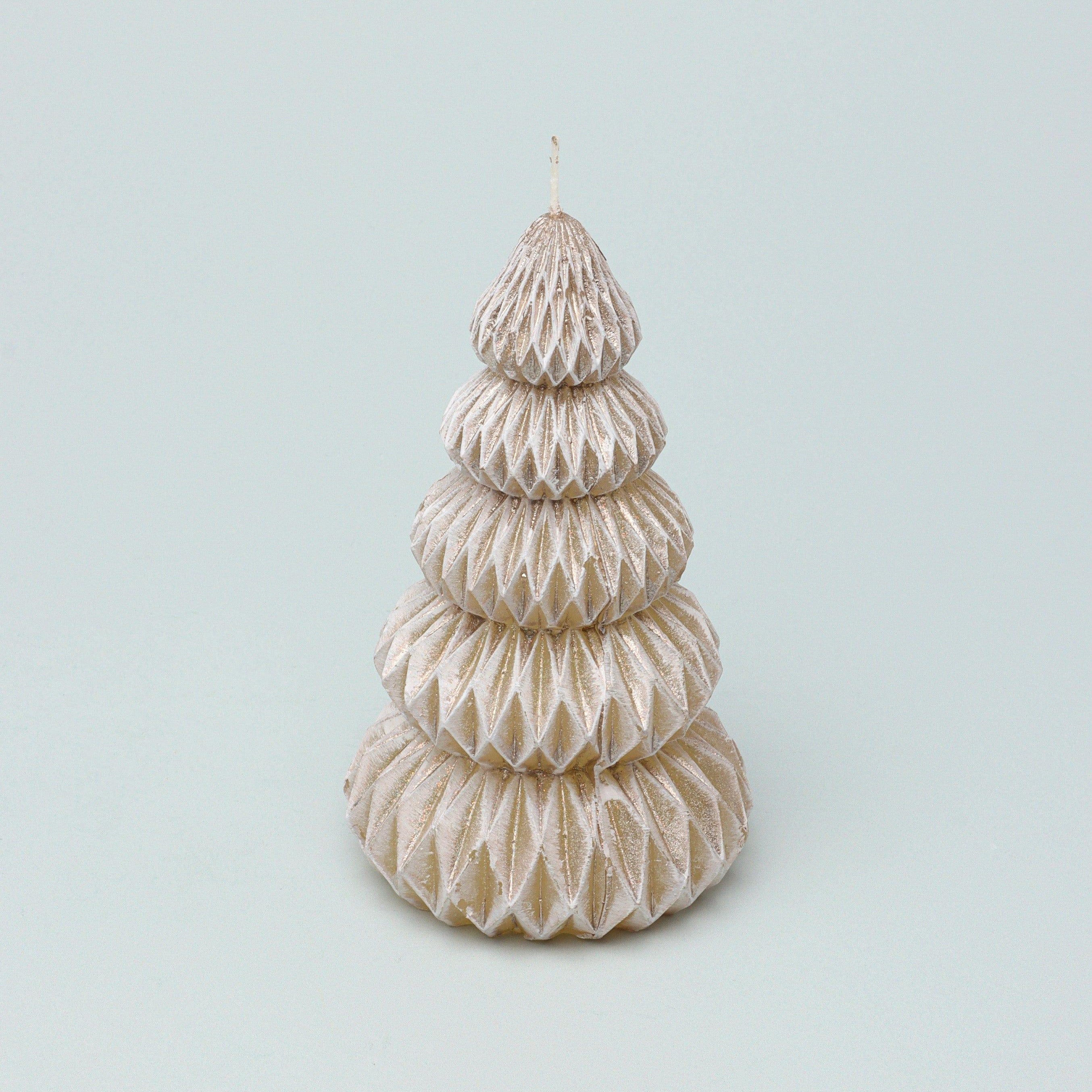 Snowy Glow Hand-Finished Christmas Tree Candle in Taupe Beige with Gold Sheen - G Decor
