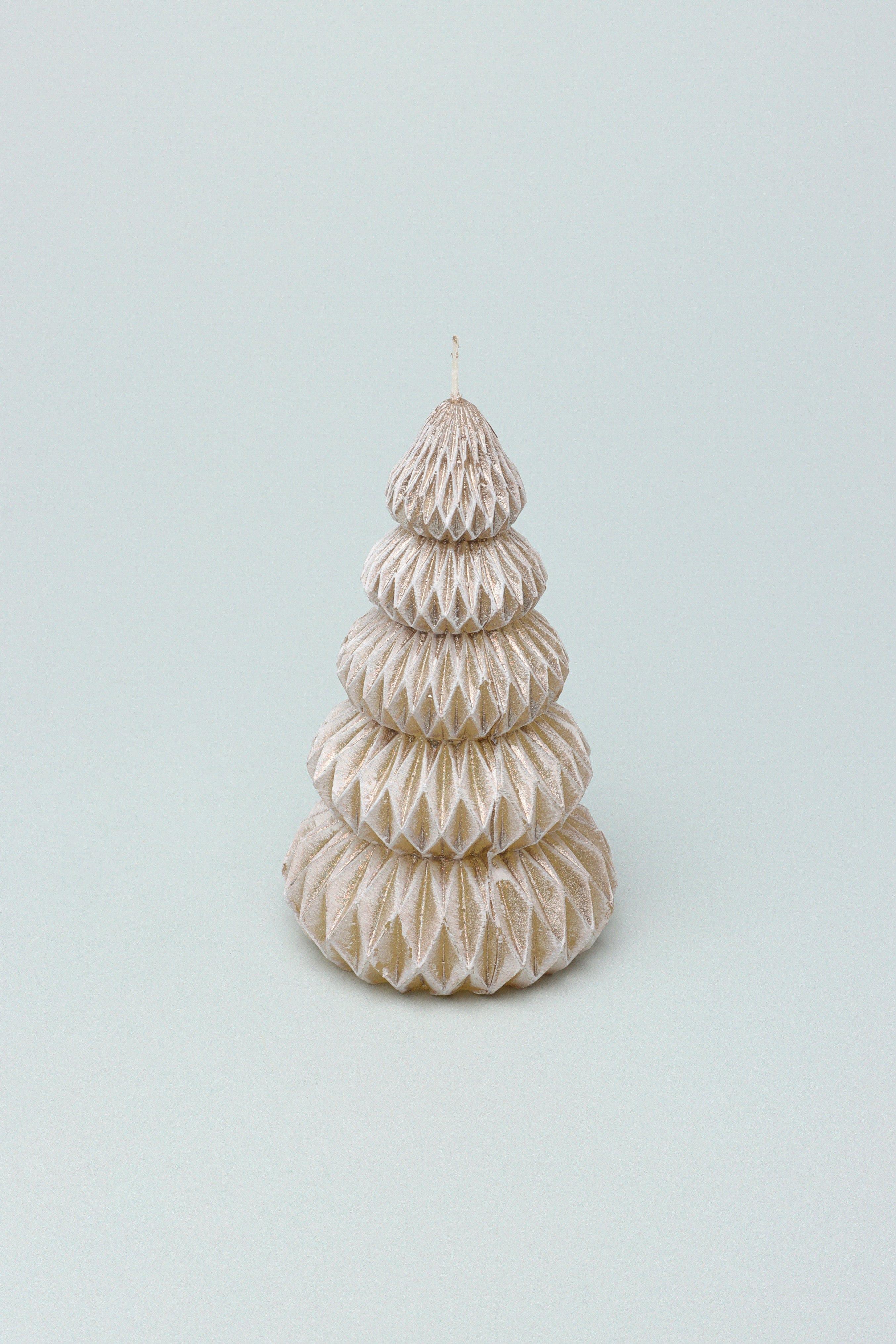 Snowy Glow Hand-Finished Christmas Tree Candle in Taupe Beige with Gold Sheen - G Decor