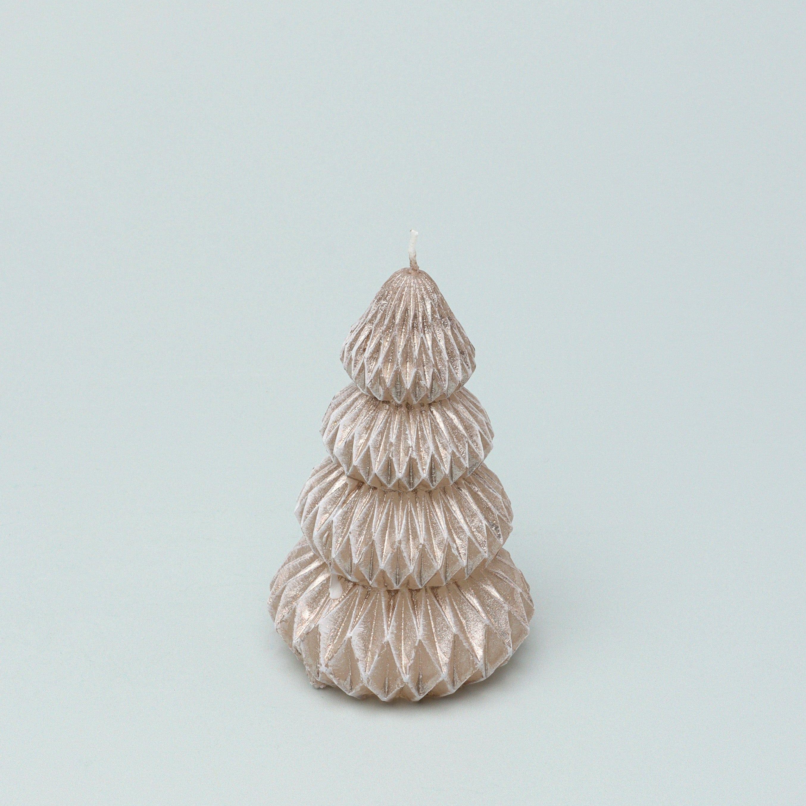 Snowy Glow Hand-Finished Christmas Tree Candle in Taupe Beige with Gold Sheen - G Decor