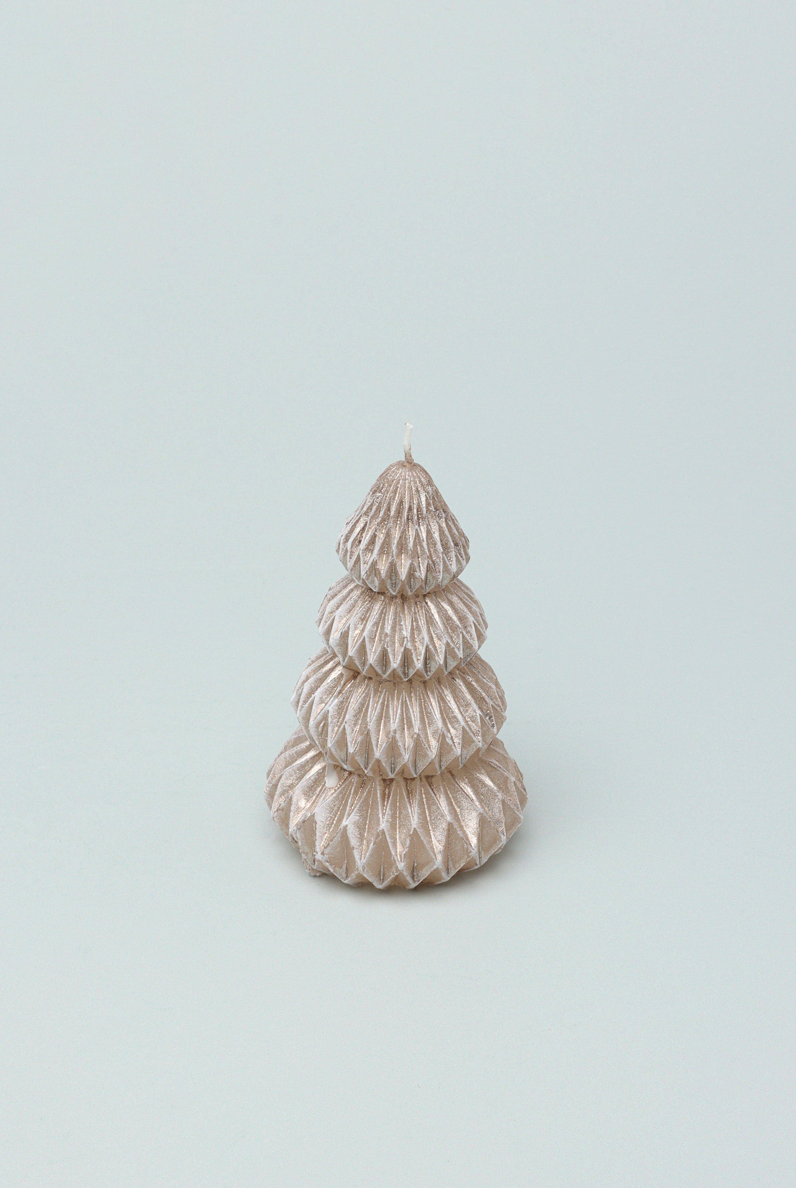 Snowy Glow Hand-Finished Christmas Tree Candle in Taupe Beige with Gold Sheen - G Decor
