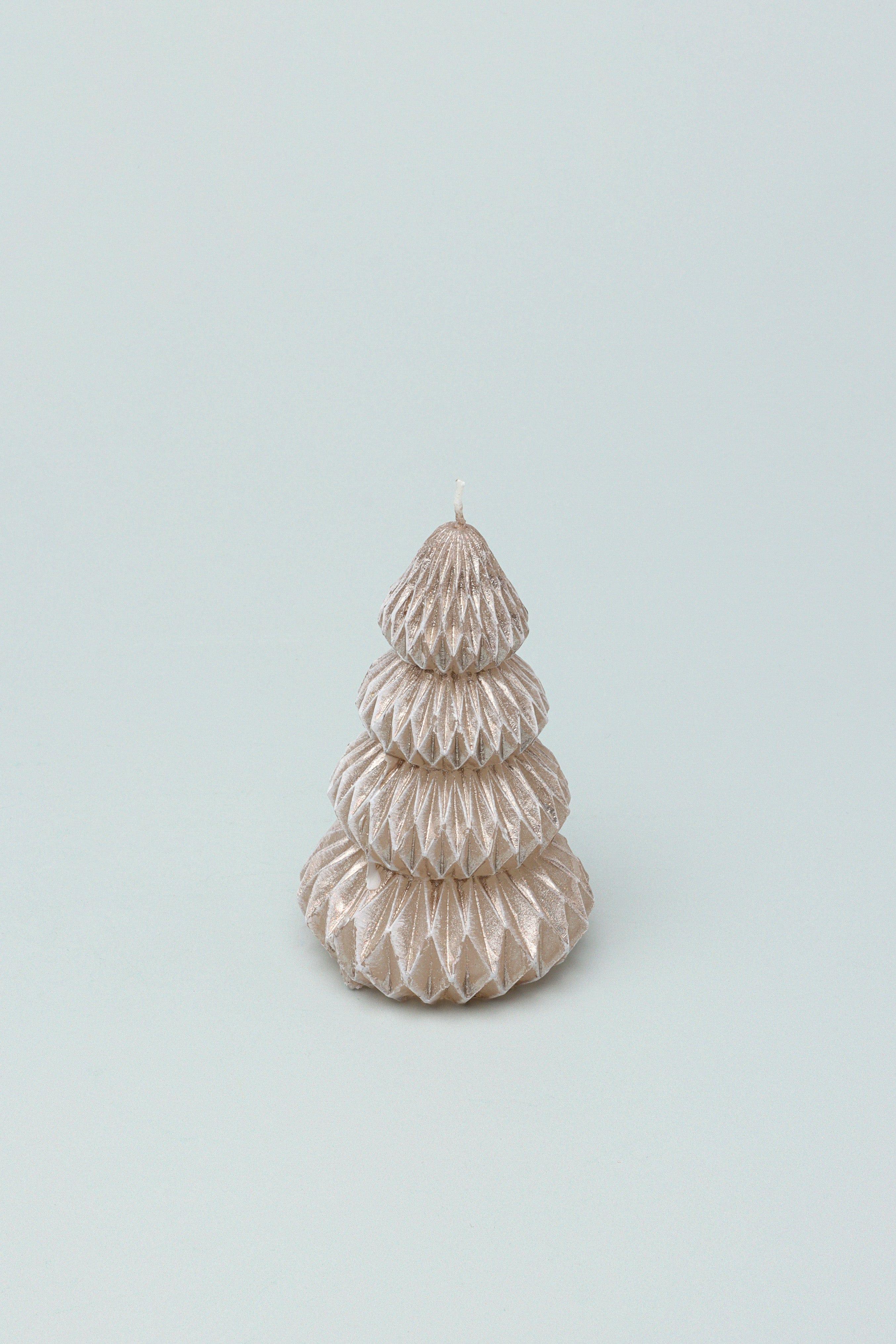 Snowy Glow Hand-Finished Christmas Tree Candle in Taupe Beige with Gold Sheen - G Decor