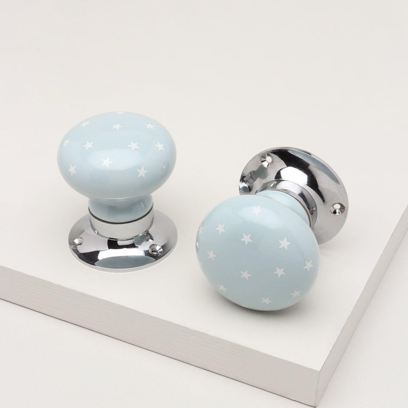 The Little Stars Collection – Light Grey Ceramic Mortice Door Knob Set with White Stars and Chrome Base for Interior Room Doors - G Decor