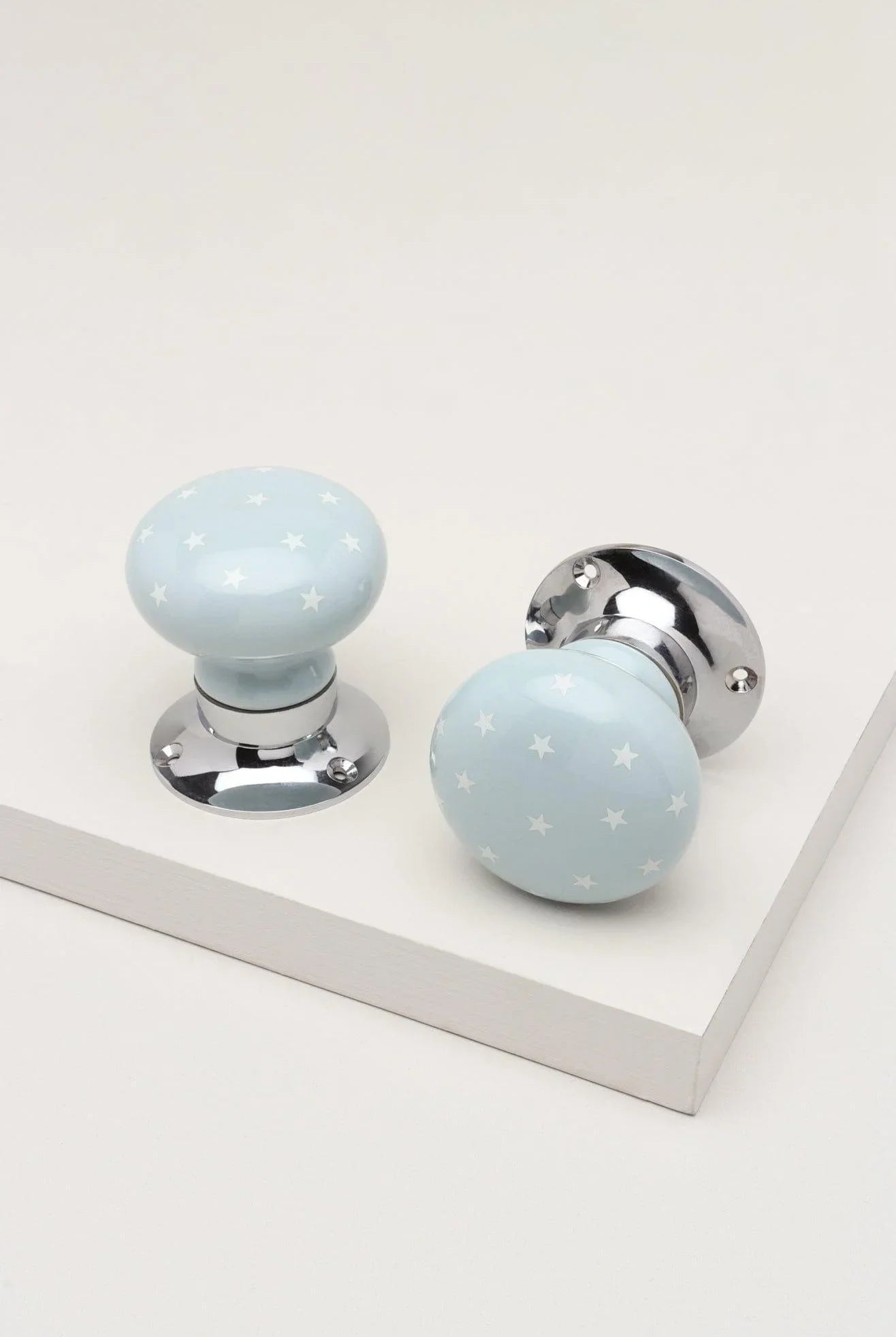 The Little Stars Collection – Light Grey Ceramic Mortice Door Knob Set with White Stars and Chrome Base for Interior Room Doors - G Decor