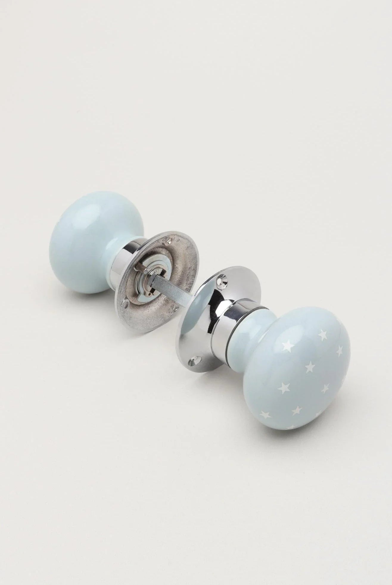 The Little Stars Collection – Light Grey Ceramic Mortice Door Knob Set with White Stars and Chrome Base for Interior Room Doors - G Decor