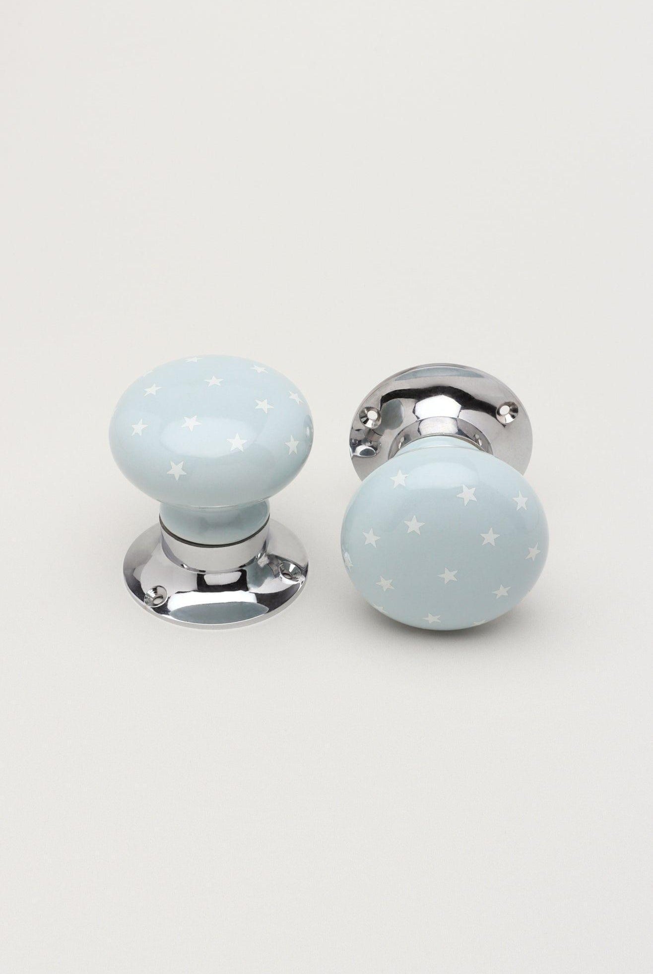 The Little Stars Collection – Light Grey Ceramic Mortice Door Knob Set with White Stars and Chrome Base for Interior Room Doors - G Decor