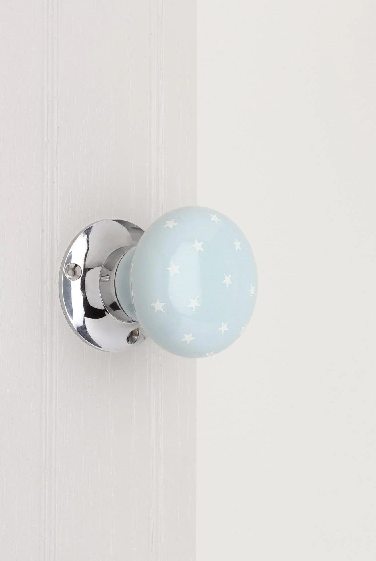 The Little Stars Collection – Light Grey Ceramic Mortice Door Knob Set with White Stars and Chrome Base for Interior Room Doors - G Decor