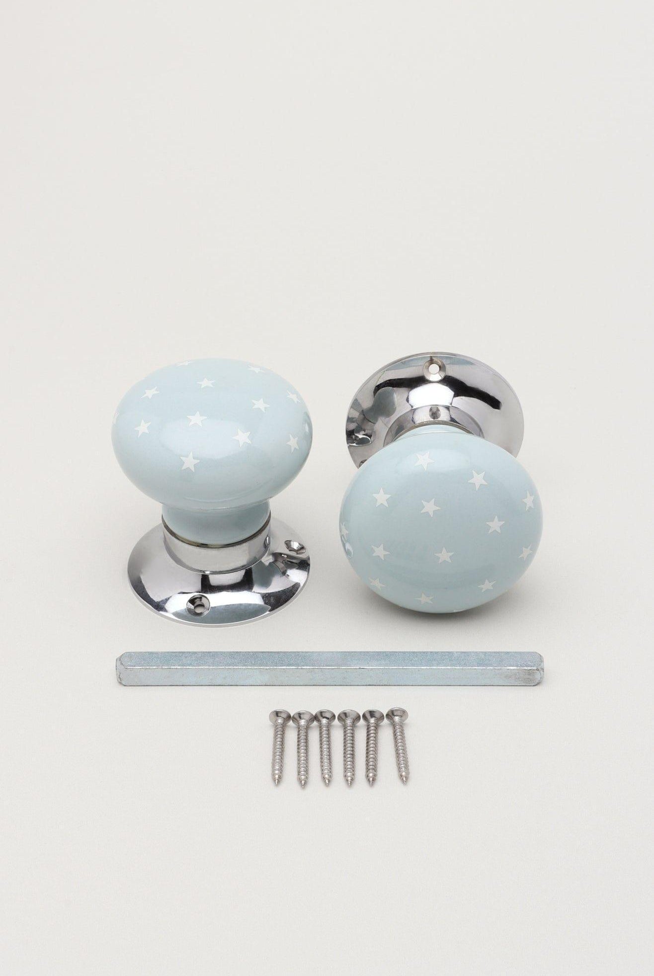 The Little Stars Collection – Light Grey Ceramic Mortice Door Knob Set with White Stars and Chrome Base for Interior Room Doors - G Decor