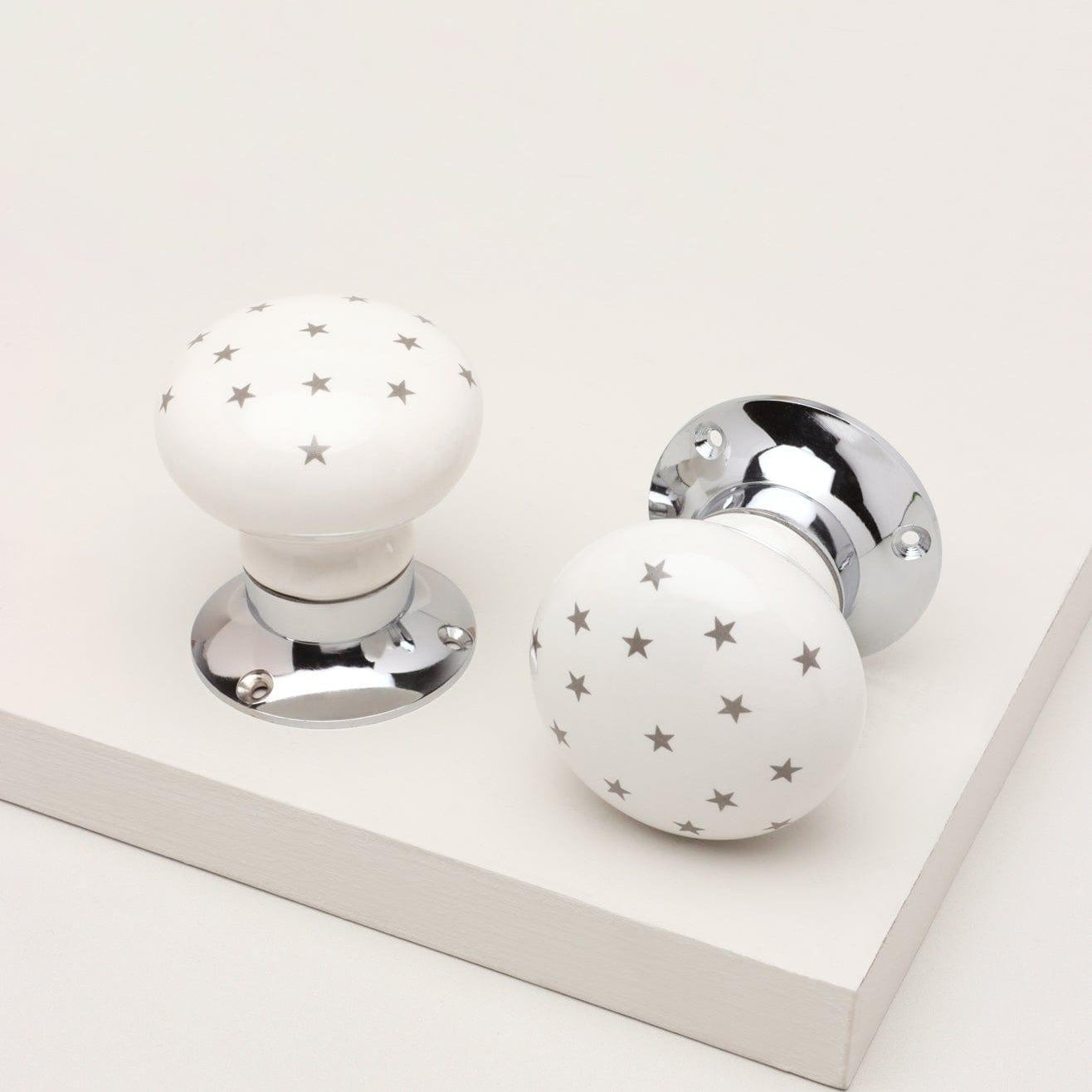 The Little Stars Collection – White Ceramic Mortice Door Knob Set with Grey Stars and Chrome Base for Interior Room Doors - G Decor