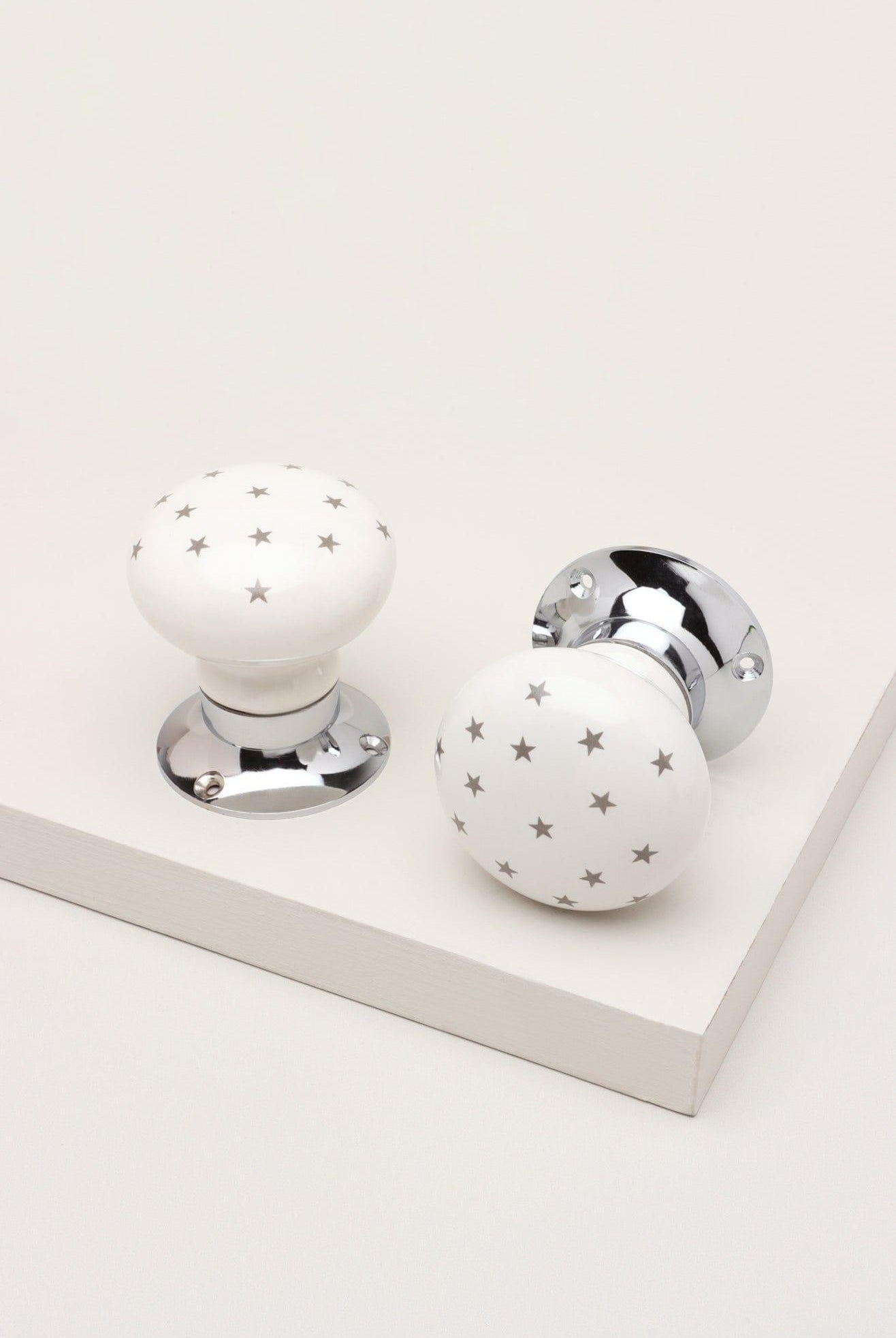 The Little Stars Collection – White Ceramic Mortice Door Knob Set with Grey Stars and Chrome Base for Interior Room Doors - G Decor