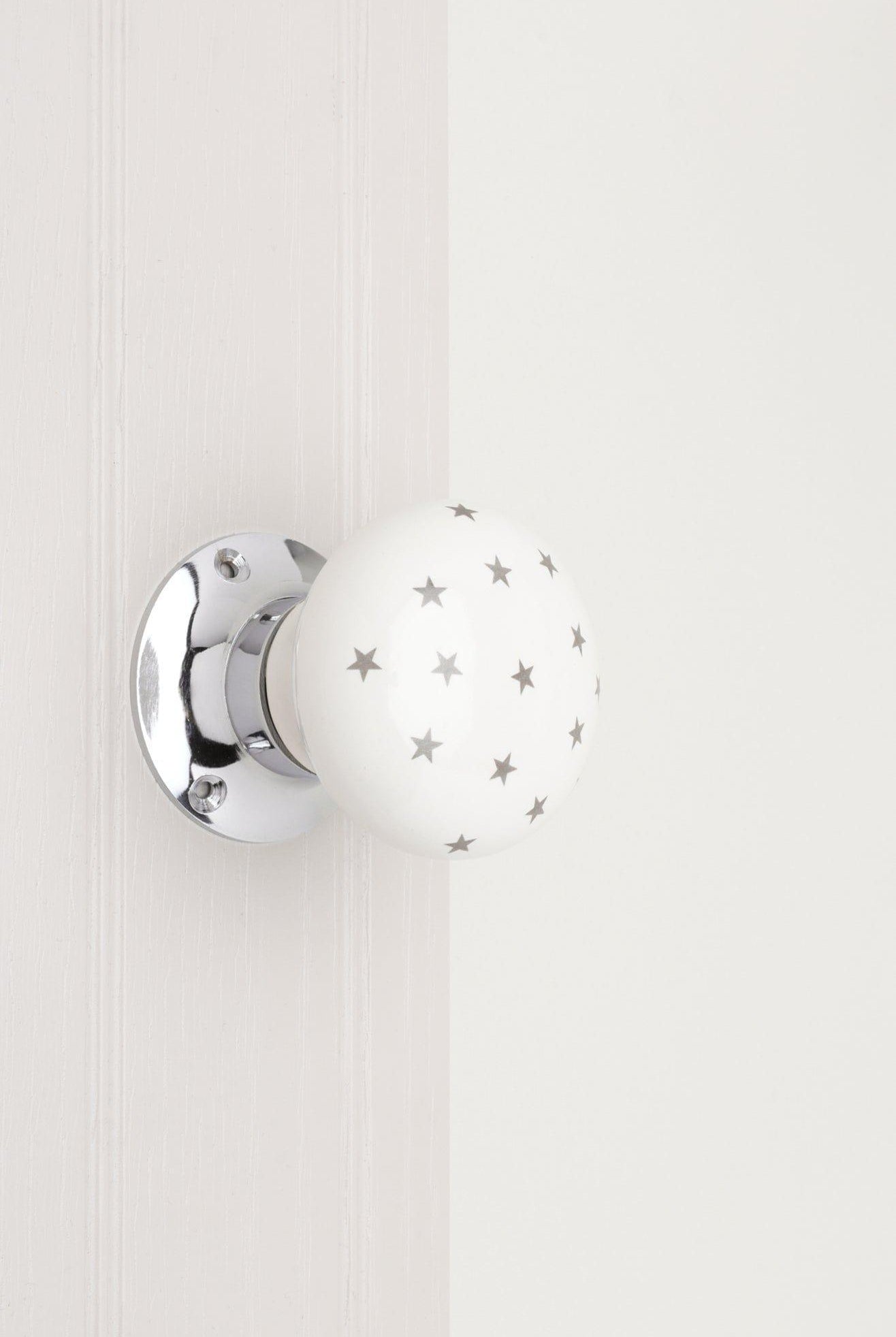 The Little Stars Collection – White Ceramic Mortice Door Knob Set with Grey Stars and Chrome Base for Interior Room Doors - G Decor