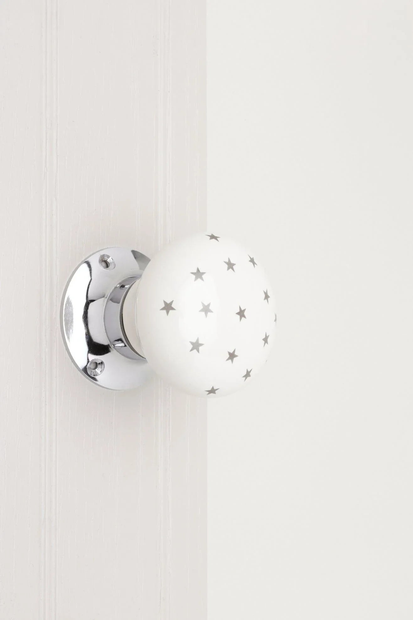 the-little-stars-collection-white-ceramic-mortice-door-knob-set-with-grey-stars-and-chrome-base-for-interior-room-doors-g-decor-55779 - G Decor