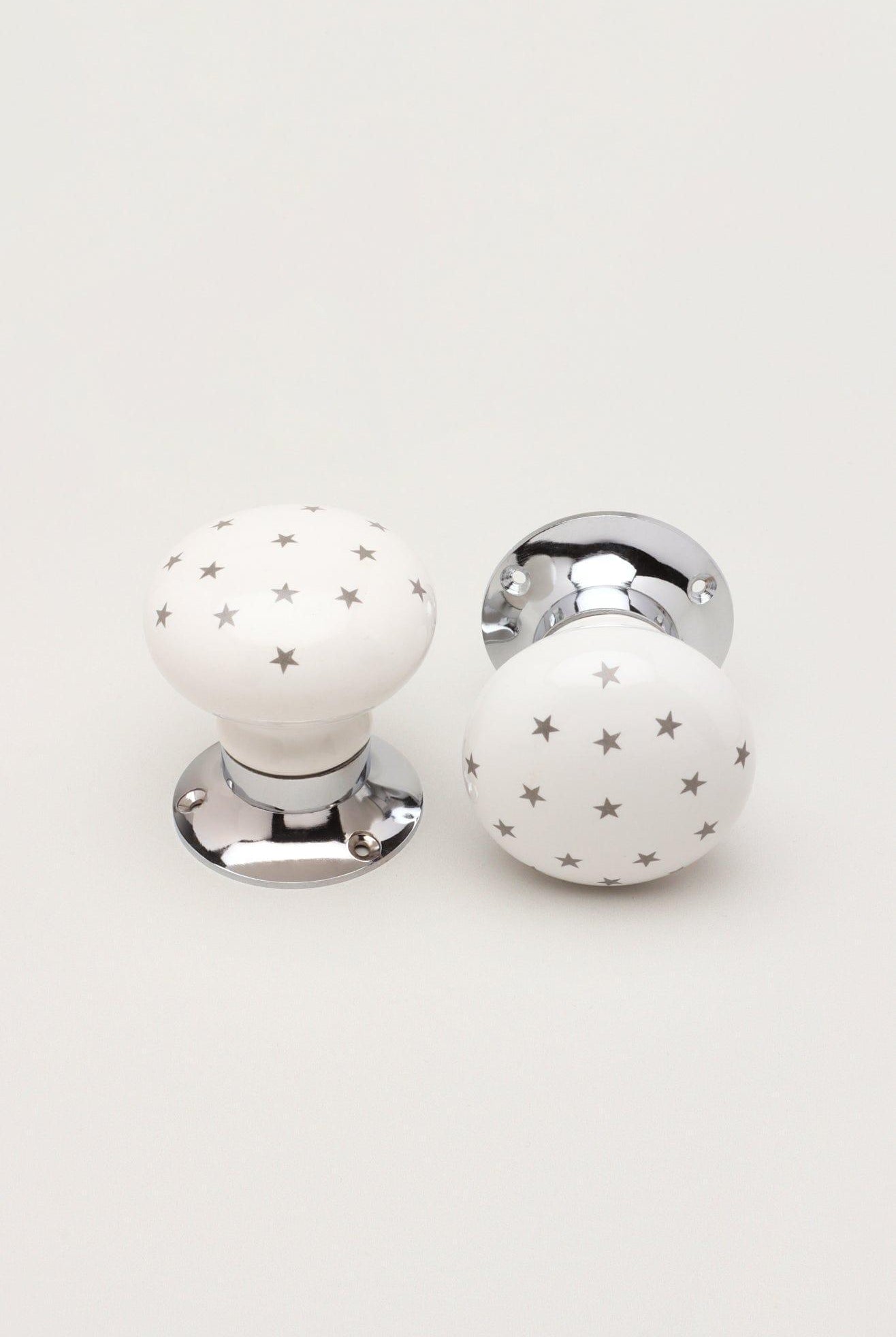 The Little Stars Collection – White Ceramic Mortice Door Knob Set with Grey Stars and Chrome Base for Interior Room Doors - G Decor