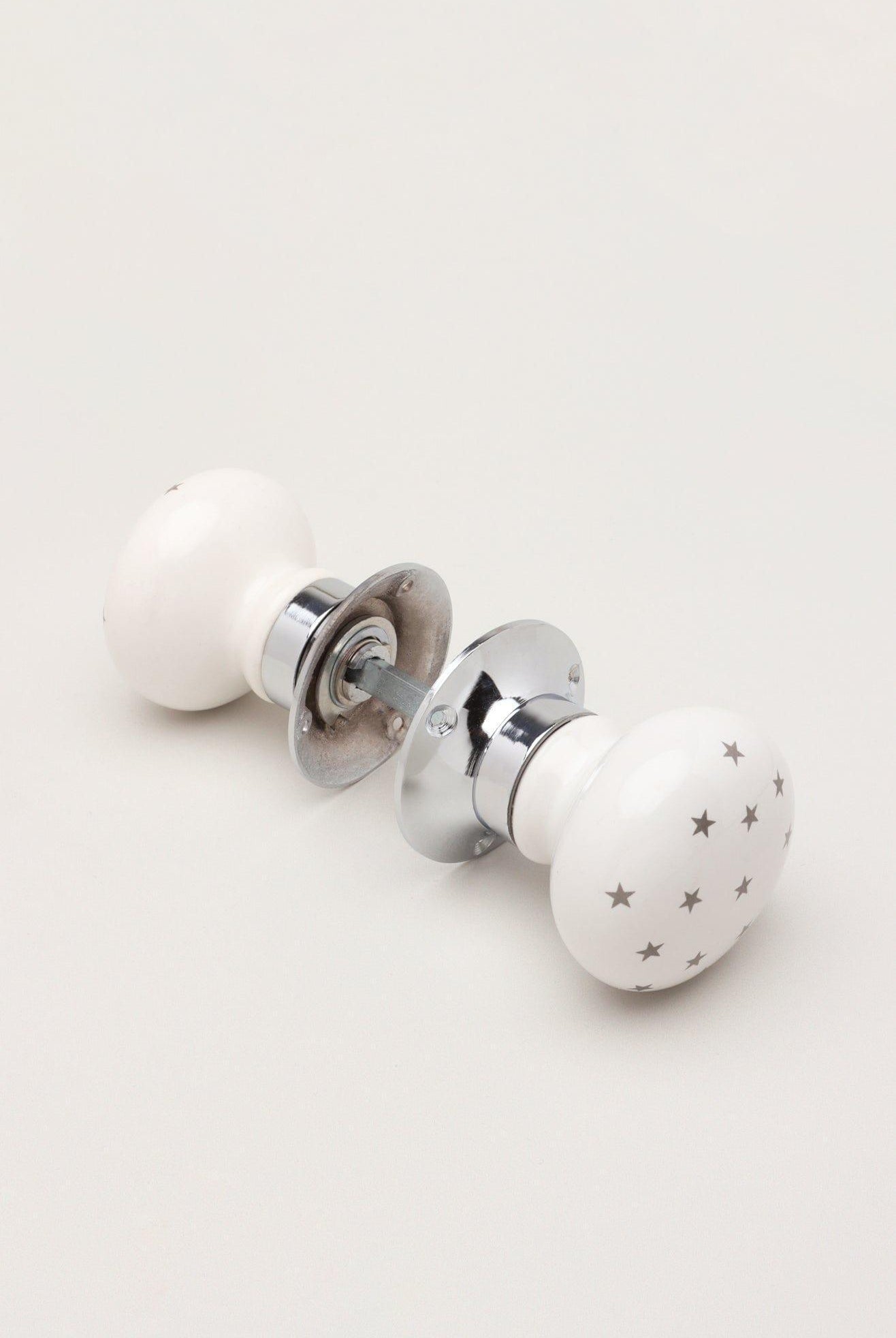 The Little Stars Collection – White Ceramic Mortice Door Knob Set with Grey Stars and Chrome Base for Interior Room Doors - G Decor