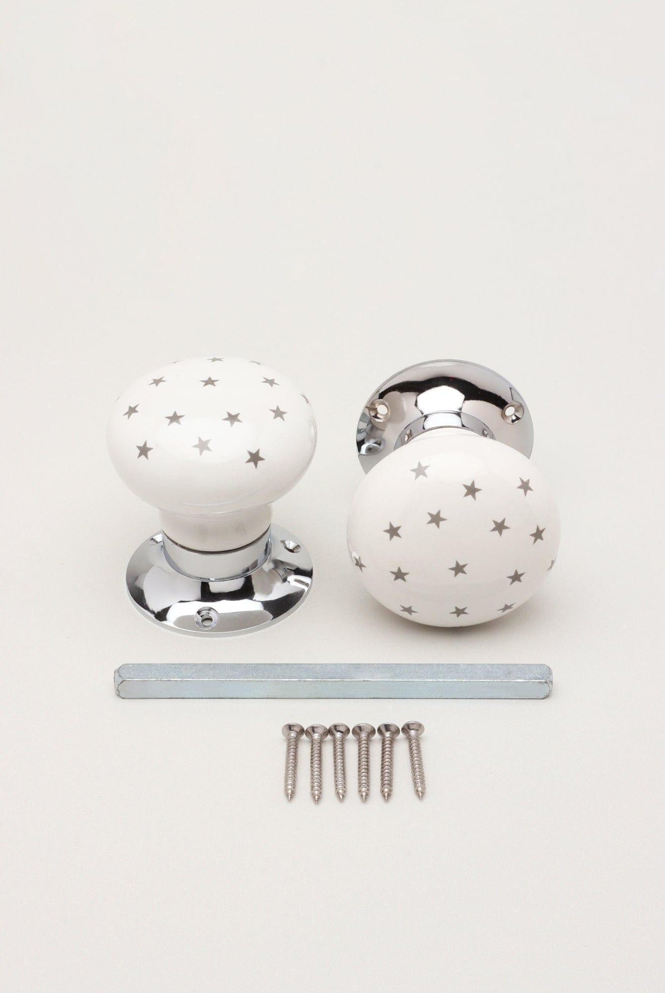 The Little Stars Collection – White Ceramic Mortice Door Knob Set with Grey Stars and Chrome Base for Interior Room Doors - G Decor