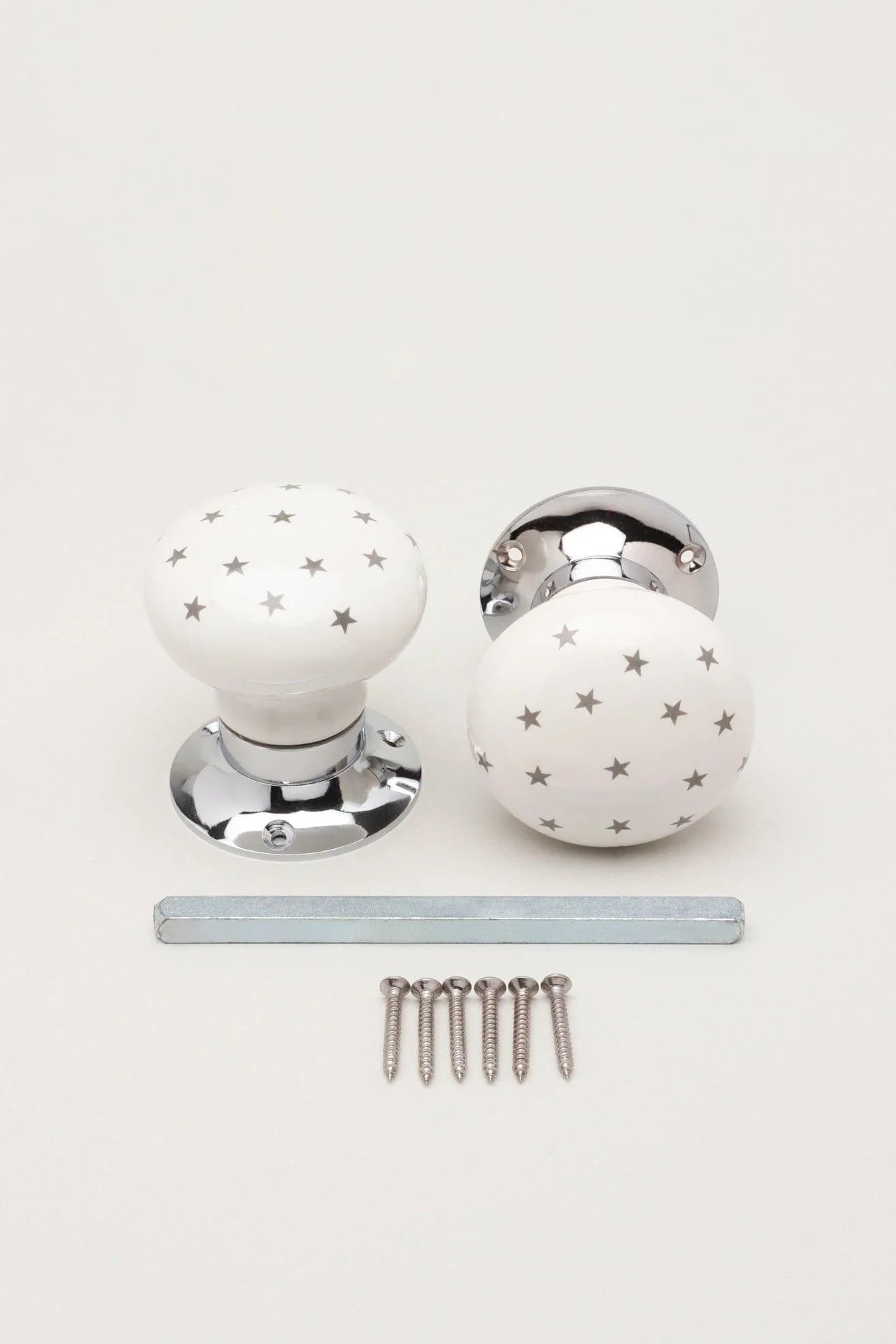 the-little-stars-collection-white-ceramic-mortice-door-knob-set-with-grey-stars-and-chrome-base-for-interior-room-doors-g-decor-93911 - G Decor
