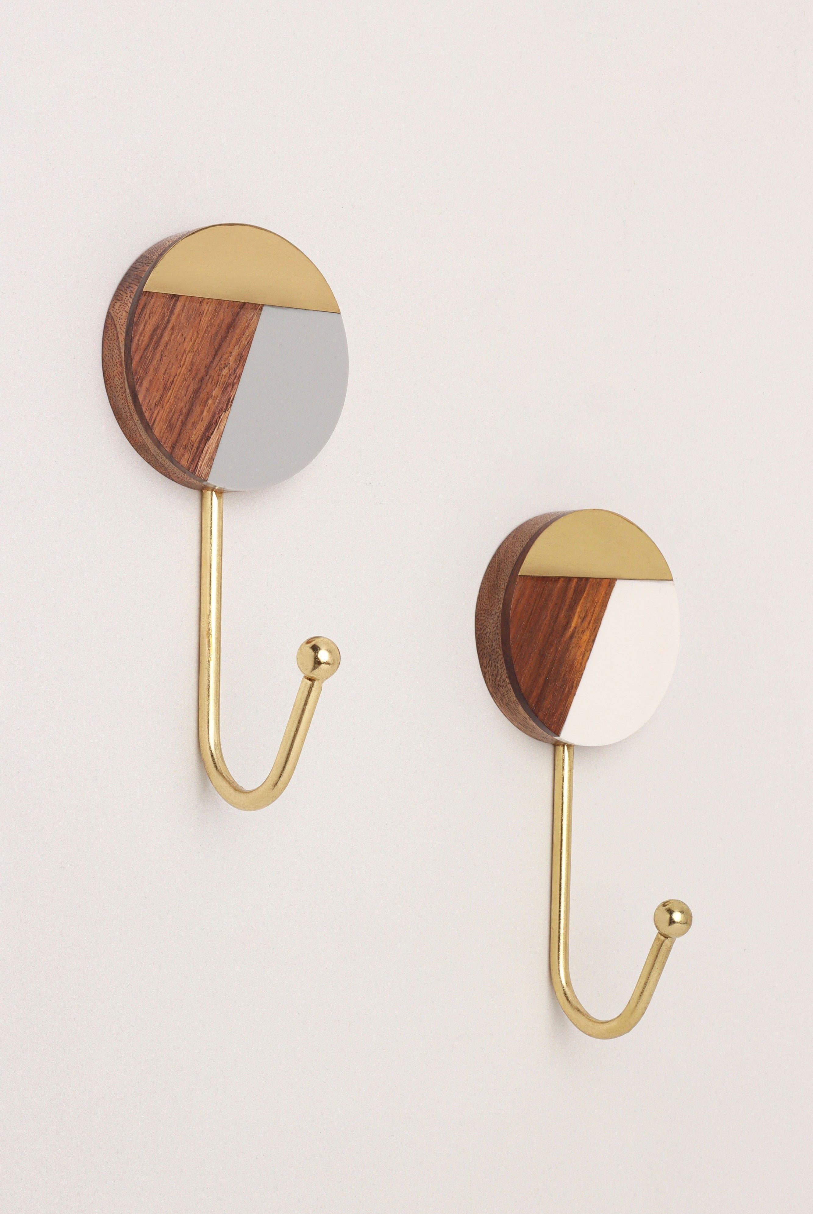 Three-Tone Wood, Resin & Brass Accent Wall Hooks Large Coat Hangers - G Decor