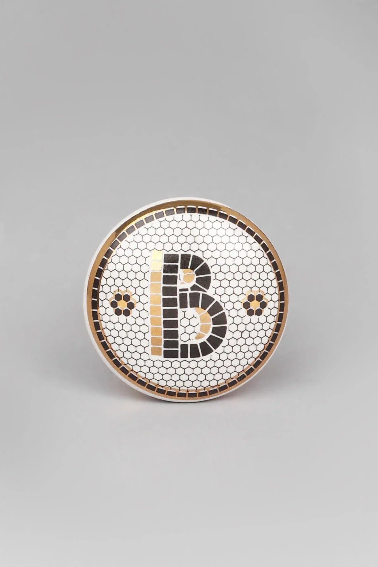 British Pub Tile Monogram Cabinet Knob — close-up view, G Decor