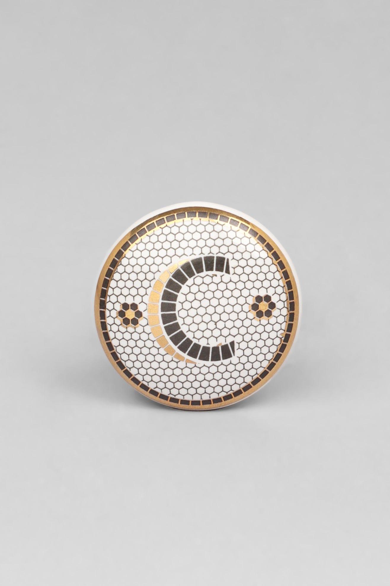 Traditional British Pub Tile Monogram Door Knob Black & Gold Alphabet Design - G Decor