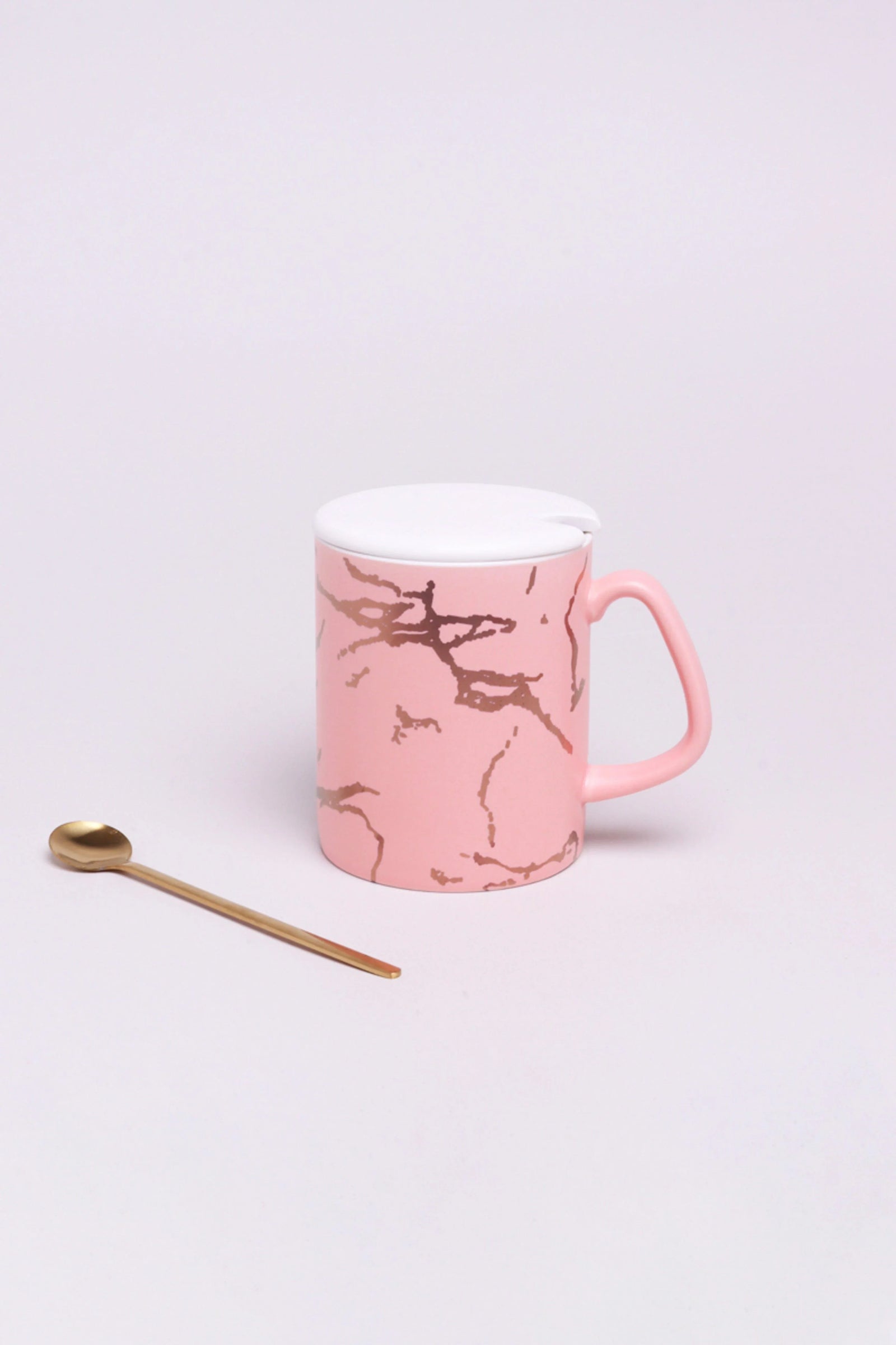 Eleonora Gold Marble Ceramic Mug with Lid and Spoon — close-up view, G Decor