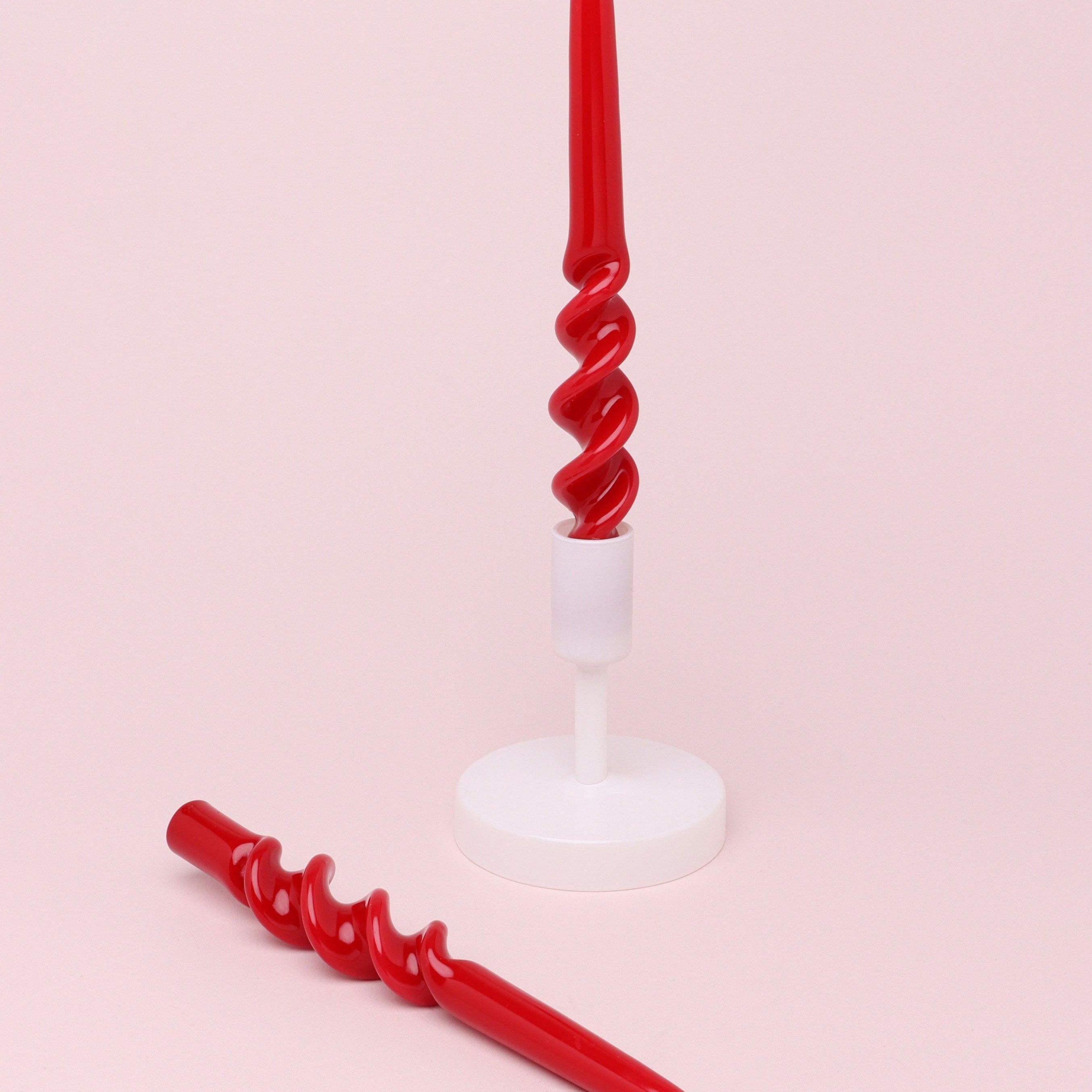 Twiselle Set of 2 Spiral Twisted Hand Dipped Dinner Candles Scarlet Red Taper Candles - G Decor