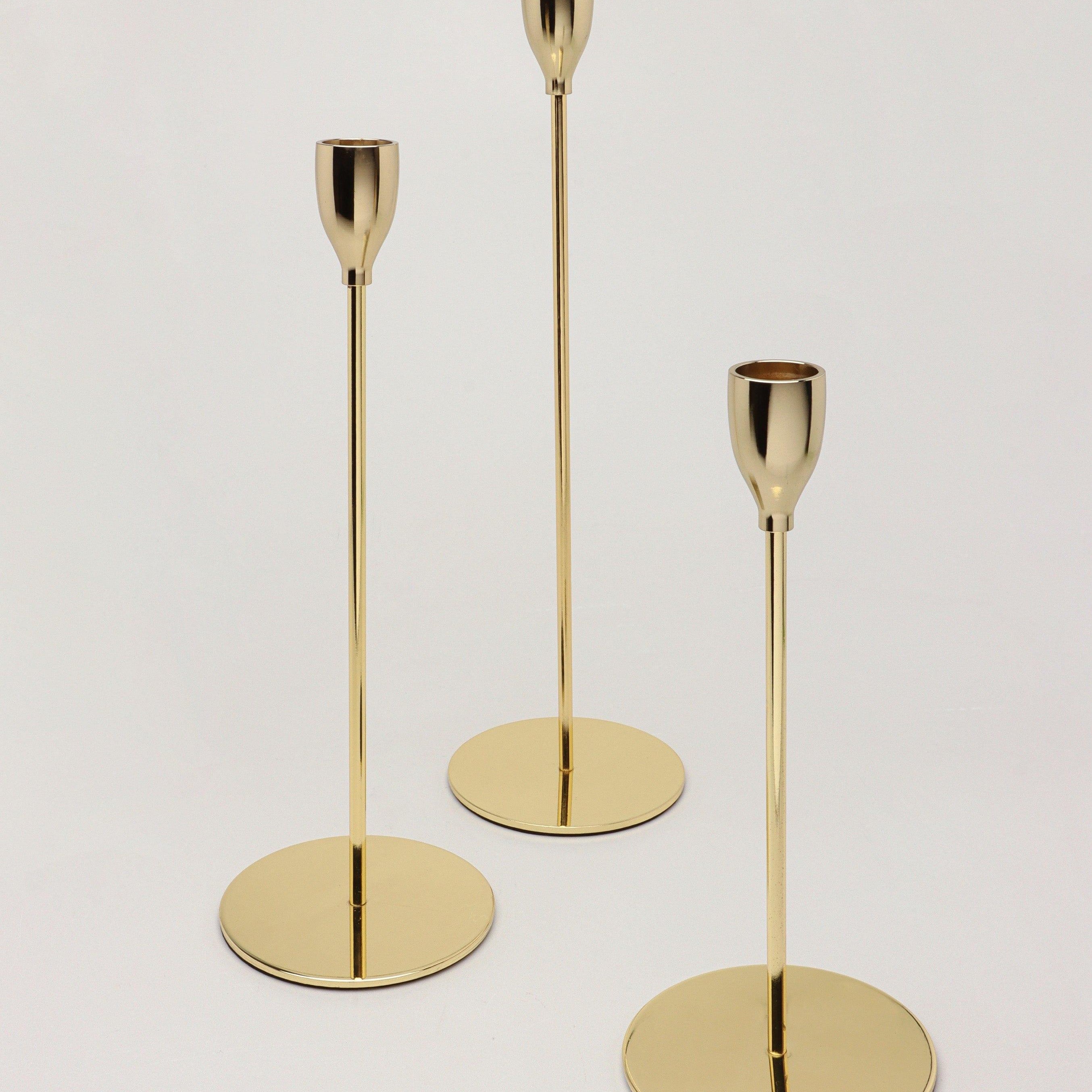 Verro Set of 3 Modern Gold Stainless Steel Candle Holders Sleek Weighted Dinner Candlesticks - G Decor