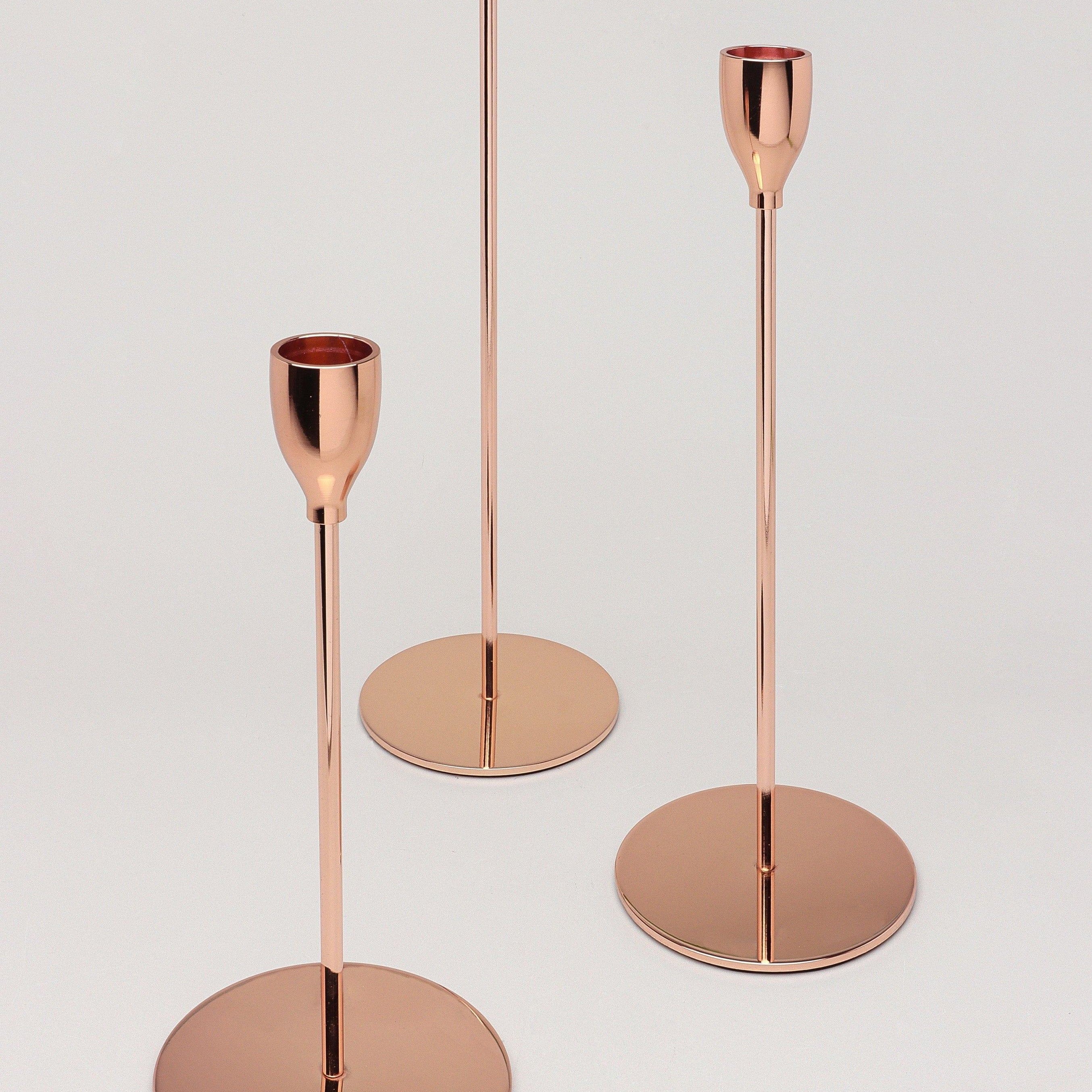 Verro Set of 3 Modern Rose Gold Stainless Steel Candle Holders Sleek Weighted Dinner Candlesticks - G Decor