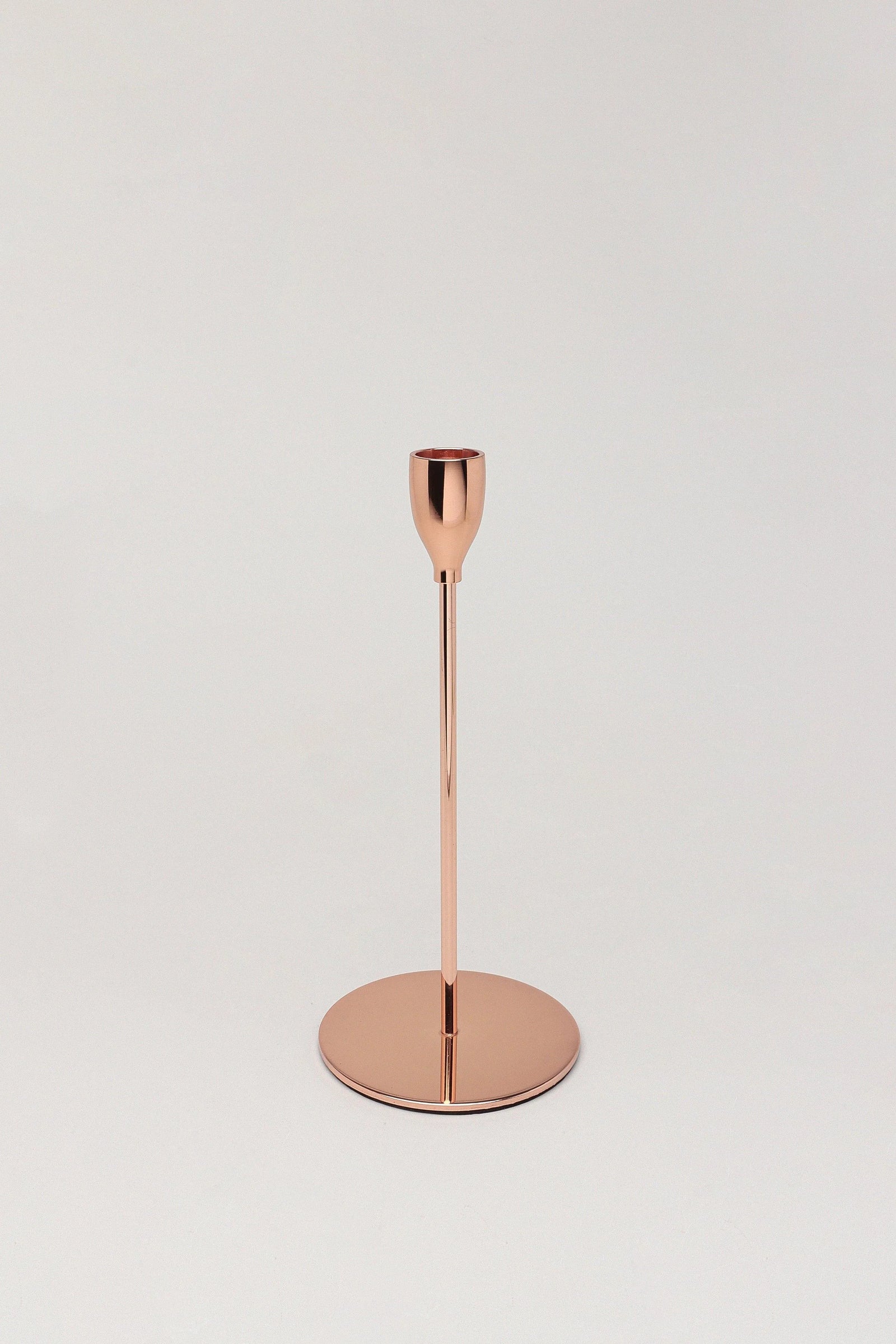 Verro Set of 3 Stainless Steel Dinner Candlesticks in Rose Gold — lifestyle view, G Decor