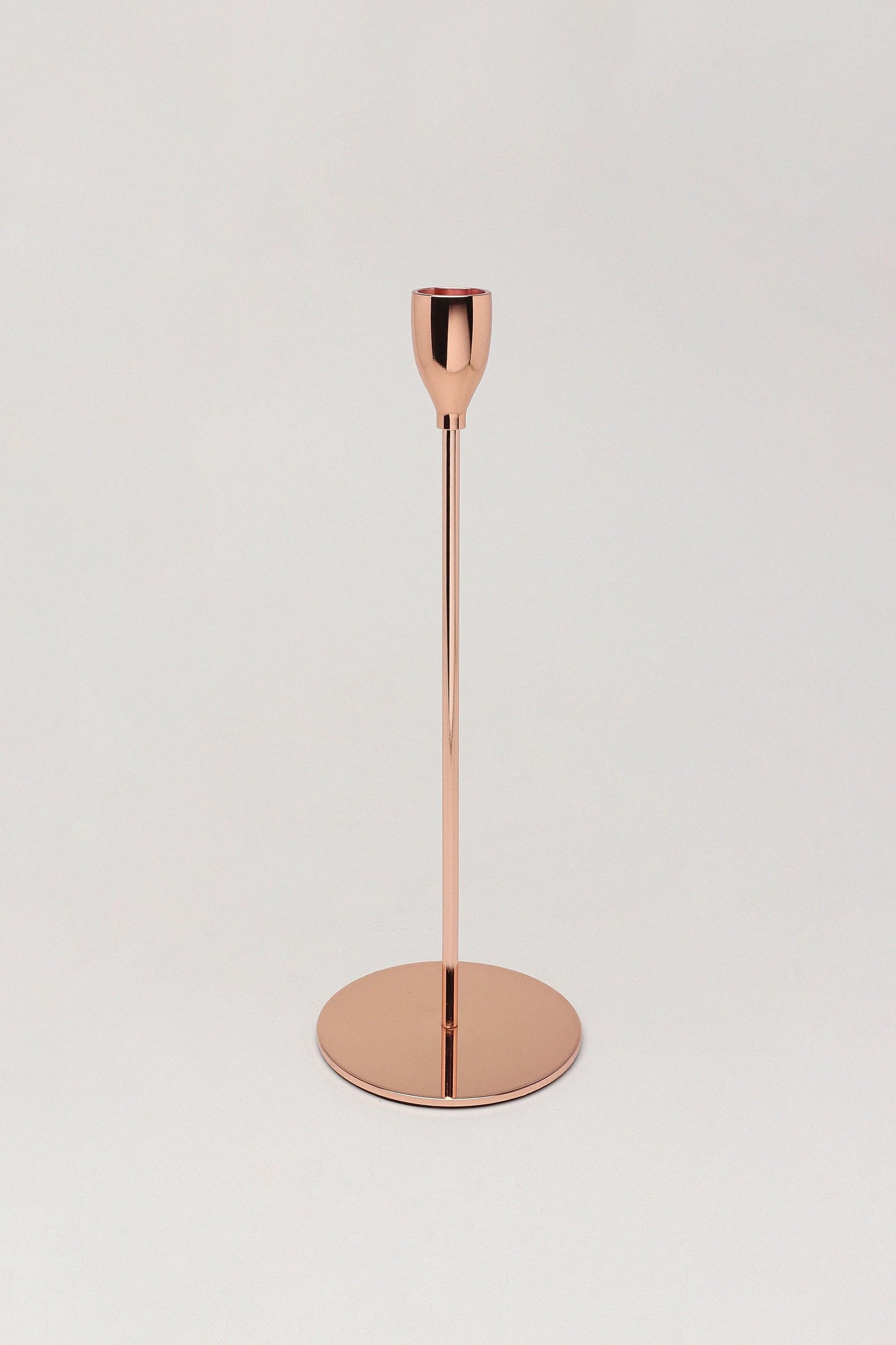 Verro Set of 3 Stainless Steel Dinner Candlesticks in Rose Gold — close-up view, G Decor