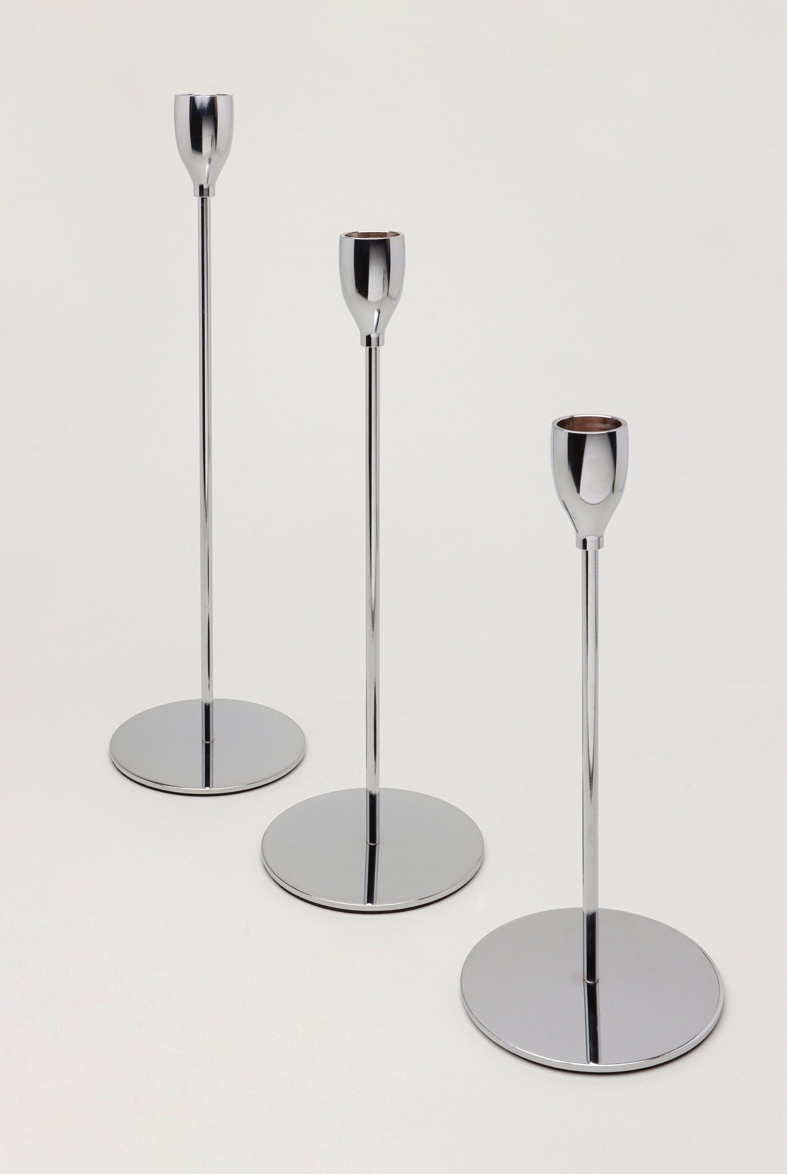 Verro Set of 3 Modern Silver Stainless Steel Candle Holders Sleek Weighted Dinner Candlesticks - G Decor