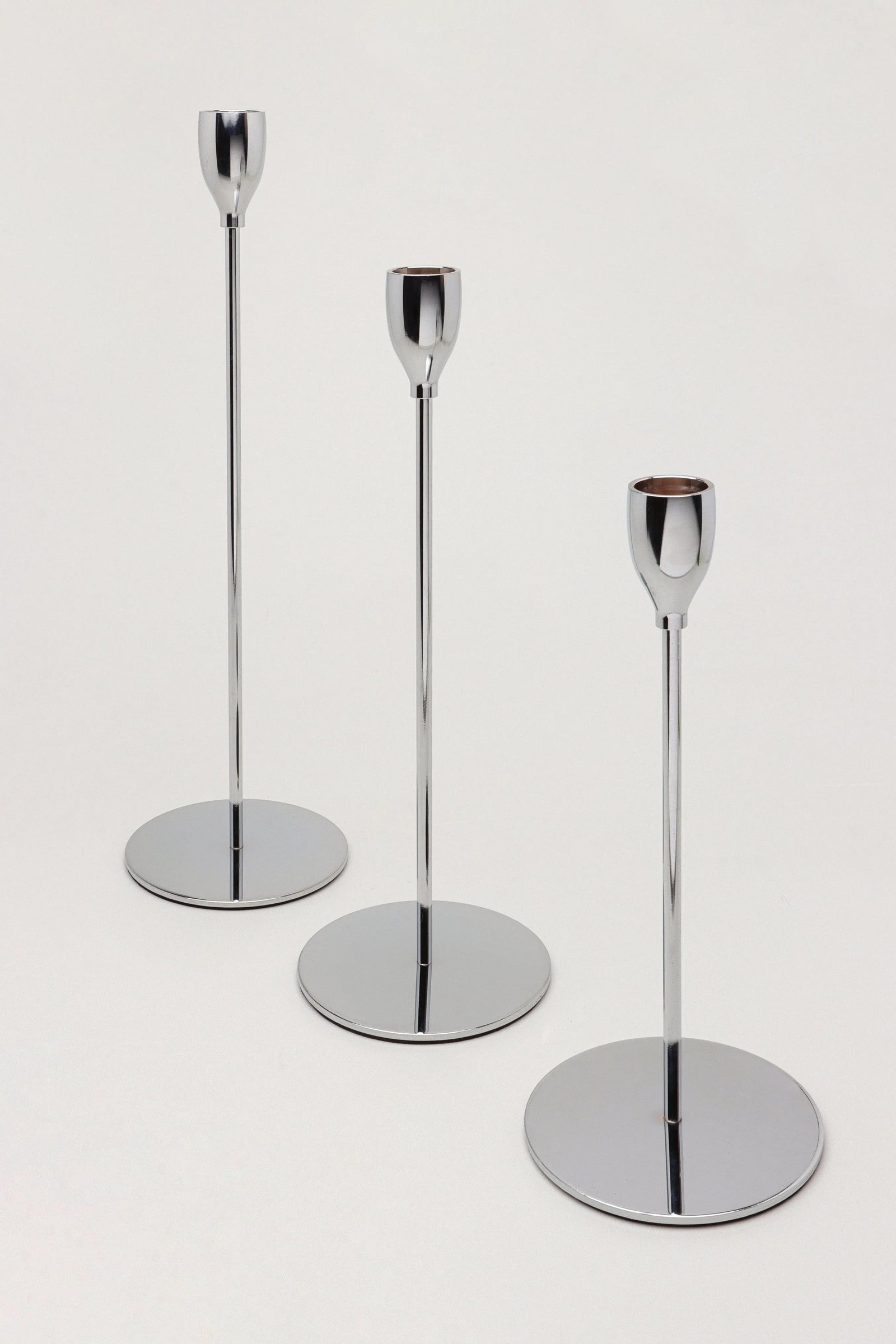 Verro Set of 3 Stainless Steel Dinner Candlesticks in Silver — G Decor