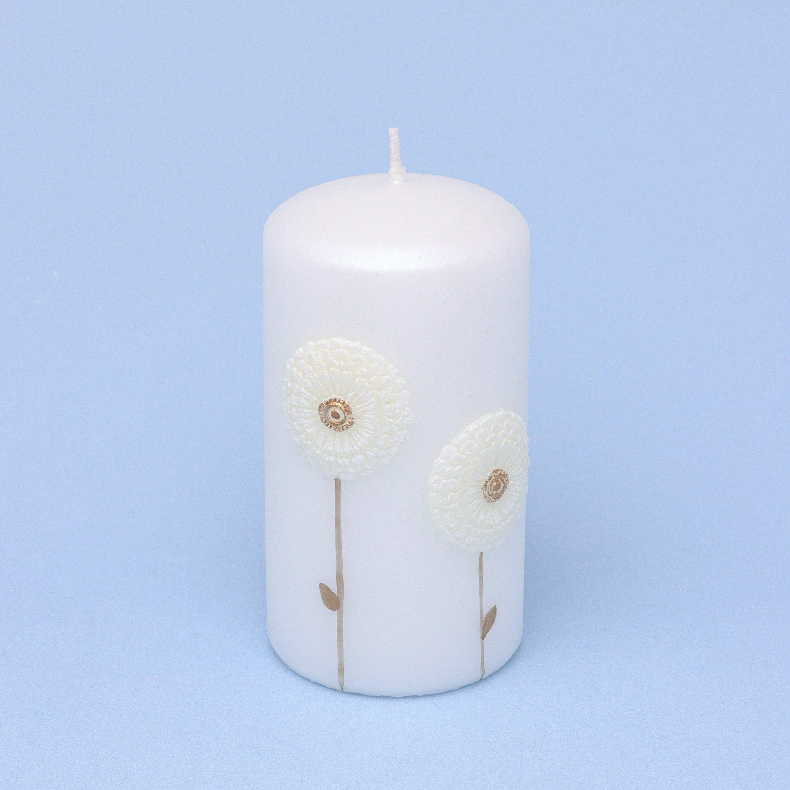 White Bloom Serenity Margaret Flower Hand-Finished Elegant Pillar Candle with Sculpted Floral Detail - G Decor