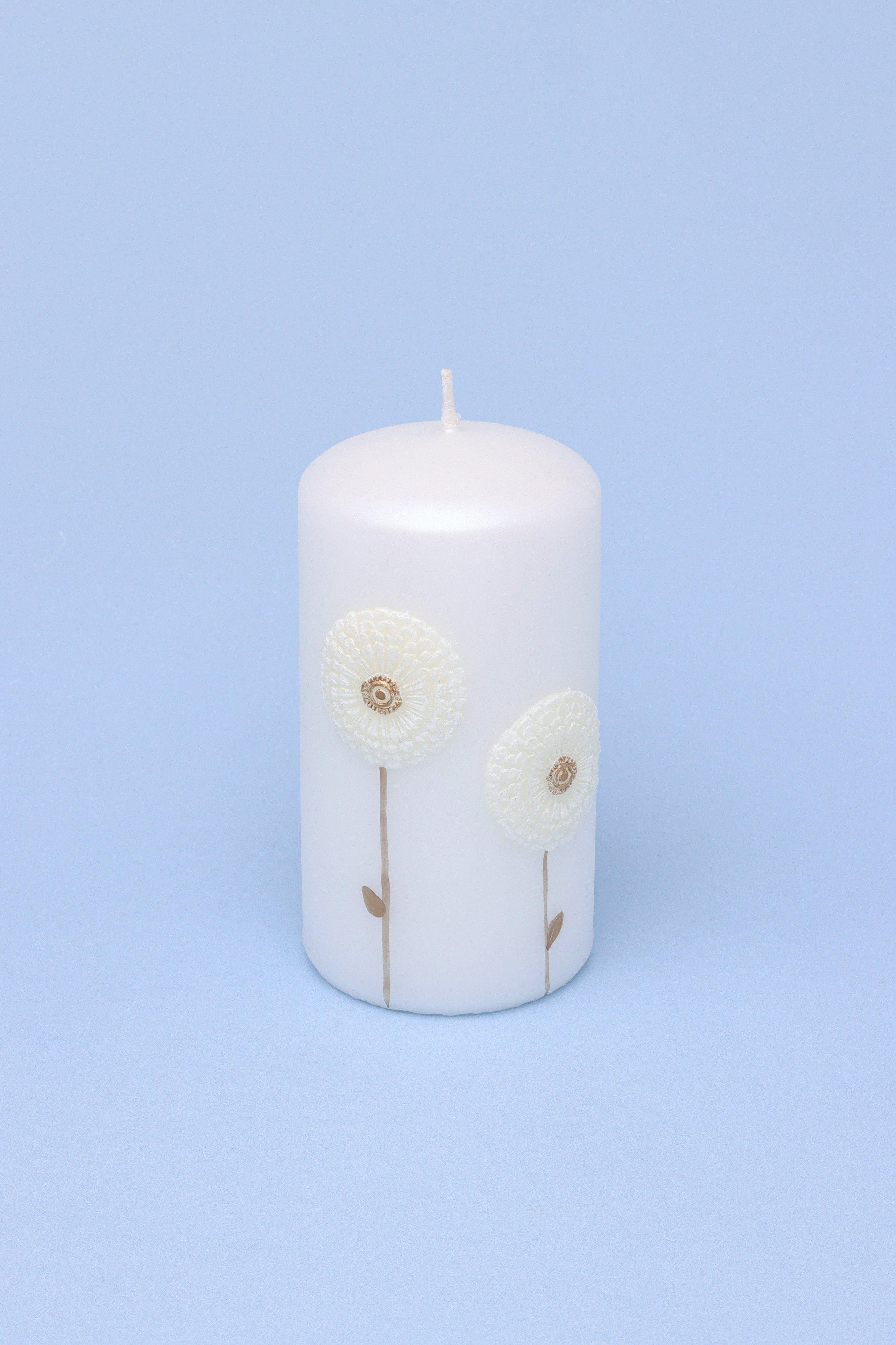 White Bloom Serenity Margaret Flower Hand-Finished Elegant Pillar Candle with Sculpted Floral Detail - G Decor