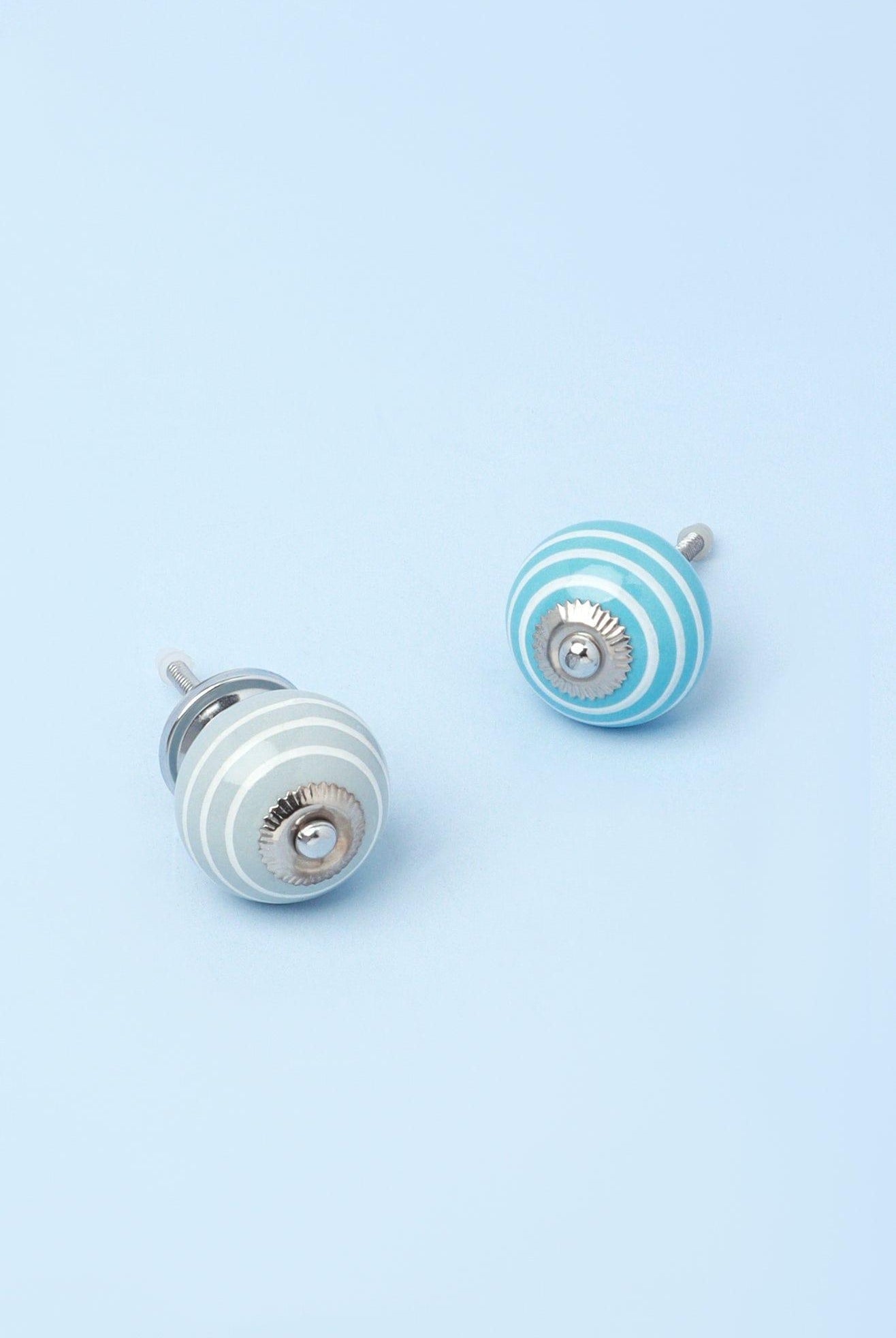 White Striped Handcrafted Ceramic Door Knob In Gray and Light Blue - G Decor
