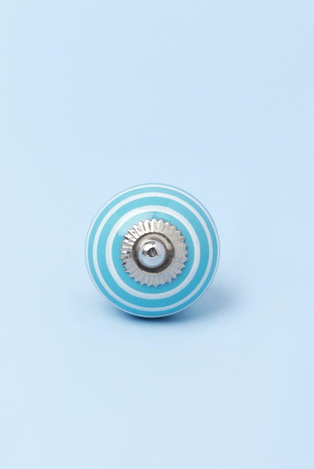 White Striped Handcrafted Ceramic Door Knob In Gray and Light Blue - G Decor
