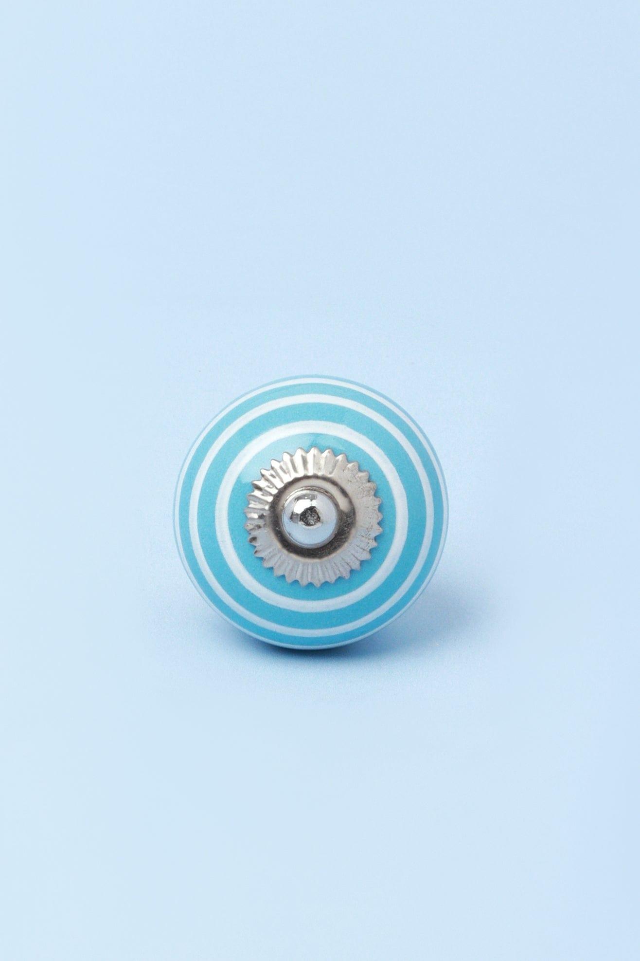 White Striped Handcrafted Ceramic Door Knob In Gray and Light Blue - G Decor