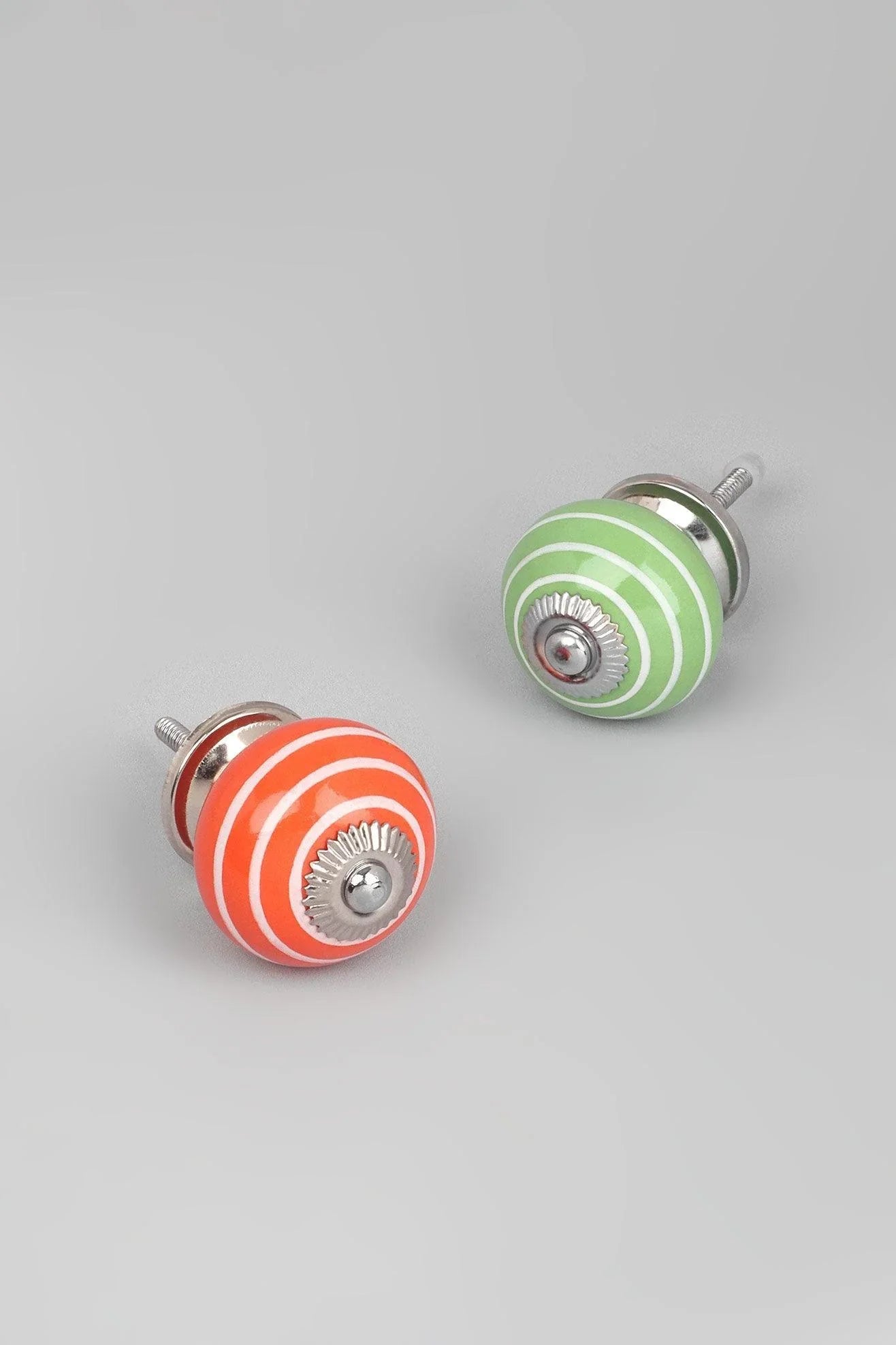 White Striped Handcrafted Ceramic Door Knob In Light Green And Orange - G Decor