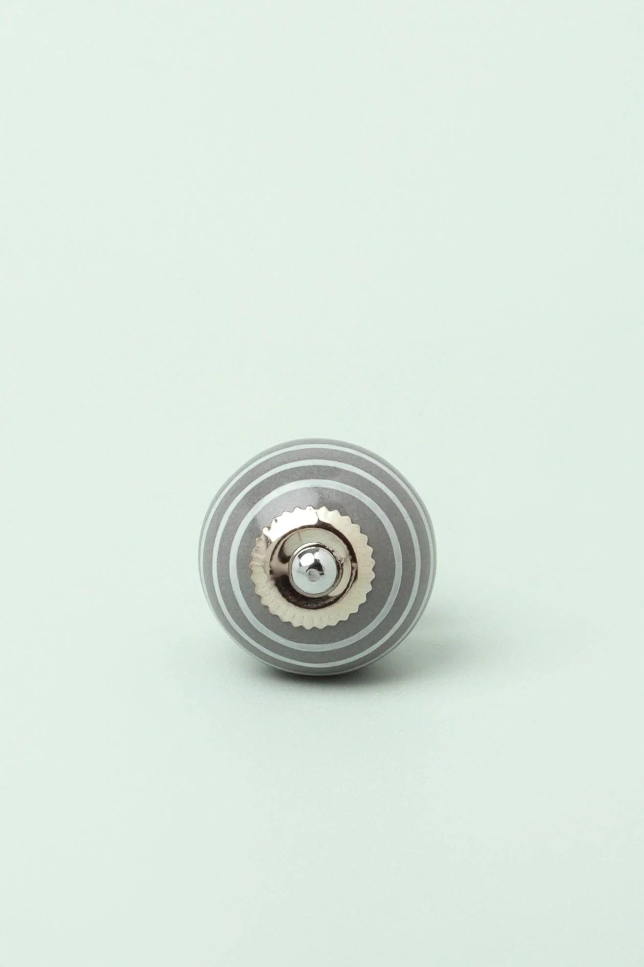 White Striped Ceramic Cabinet Knob in Pastel Grey and Mint — close-up view, G Decor