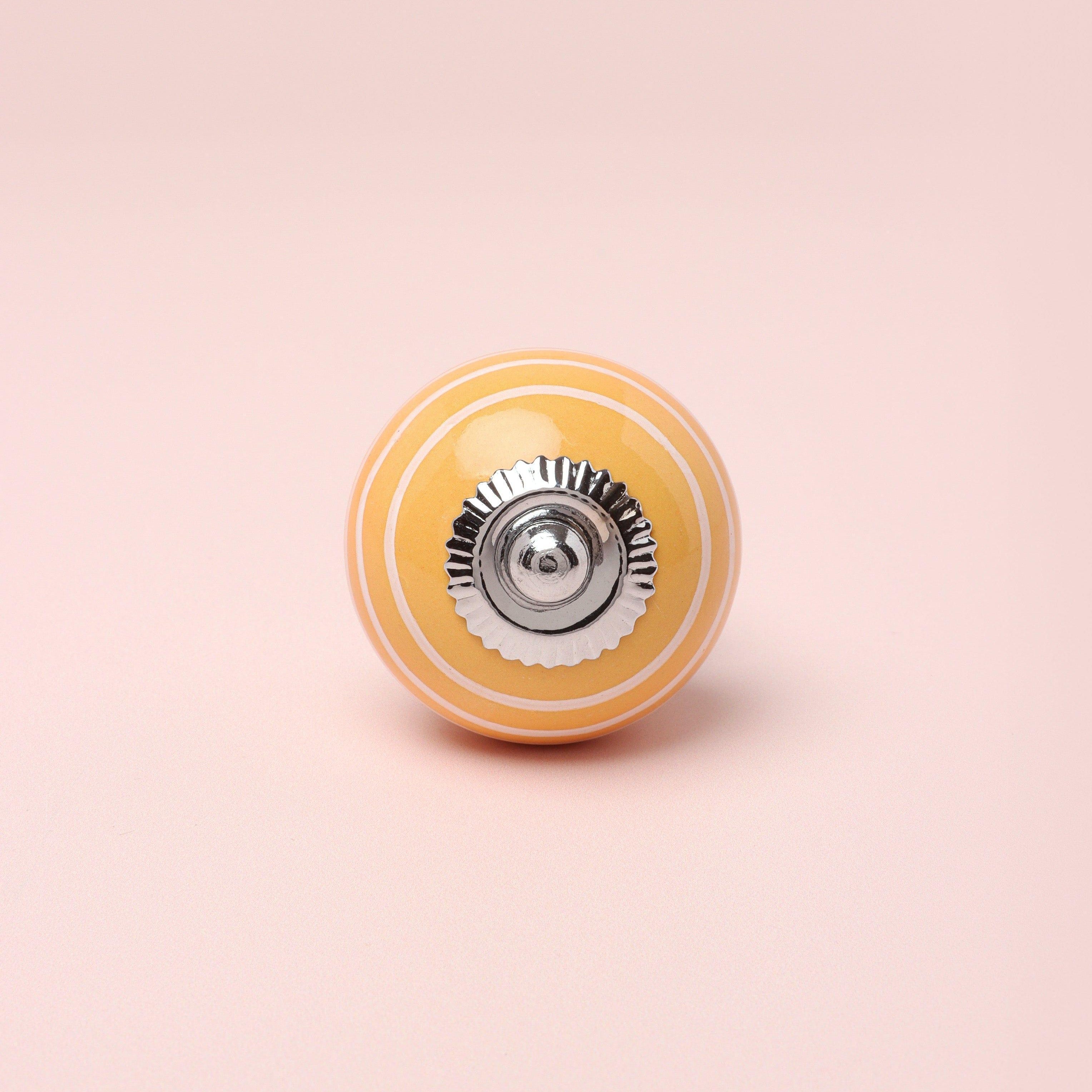 White Striped Handcrafted Ceramic Door Knob In Pink And Yellow Colours - G Decor