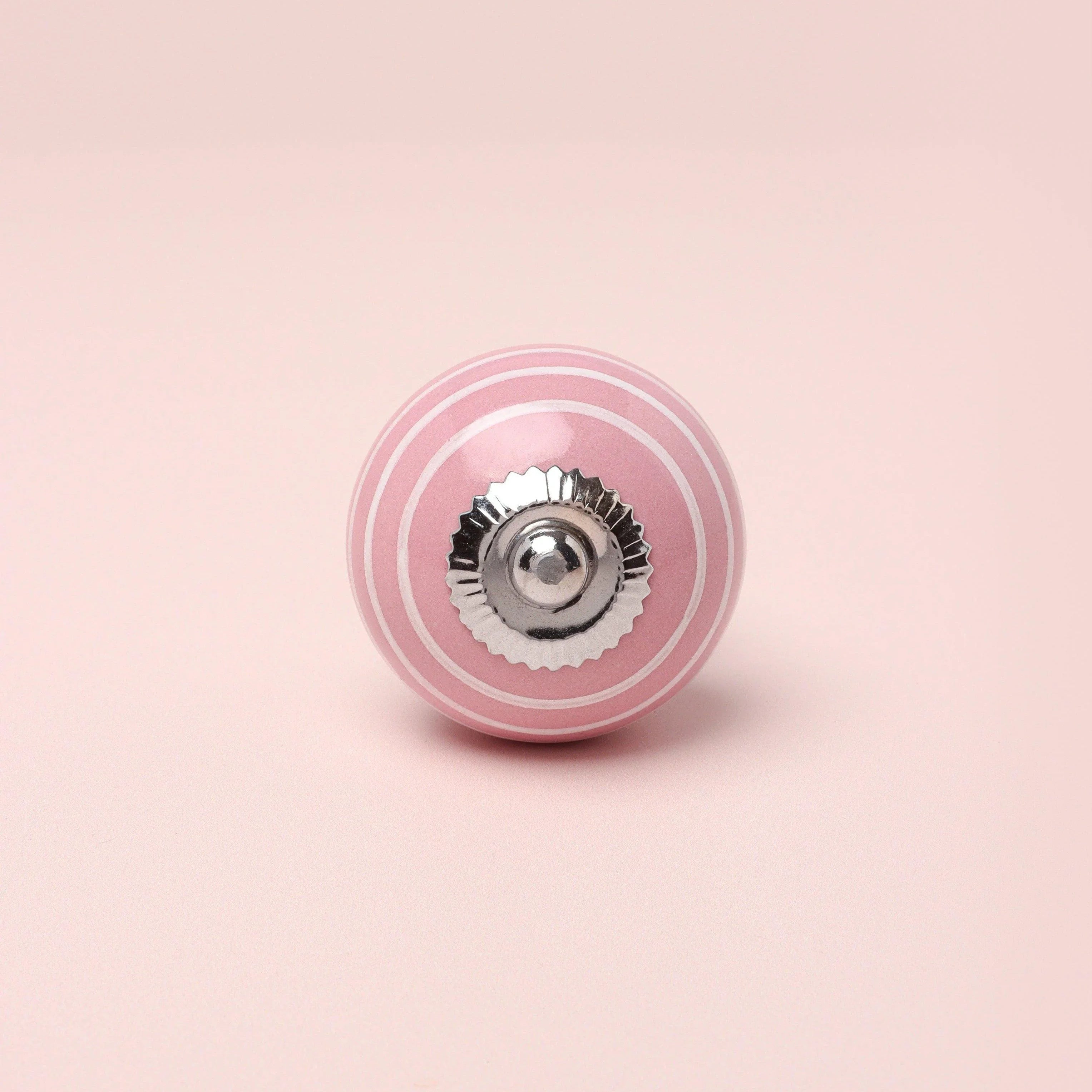 White Striped Handcrafted Ceramic Door Knob In Pink And Yellow Colours - G Decor