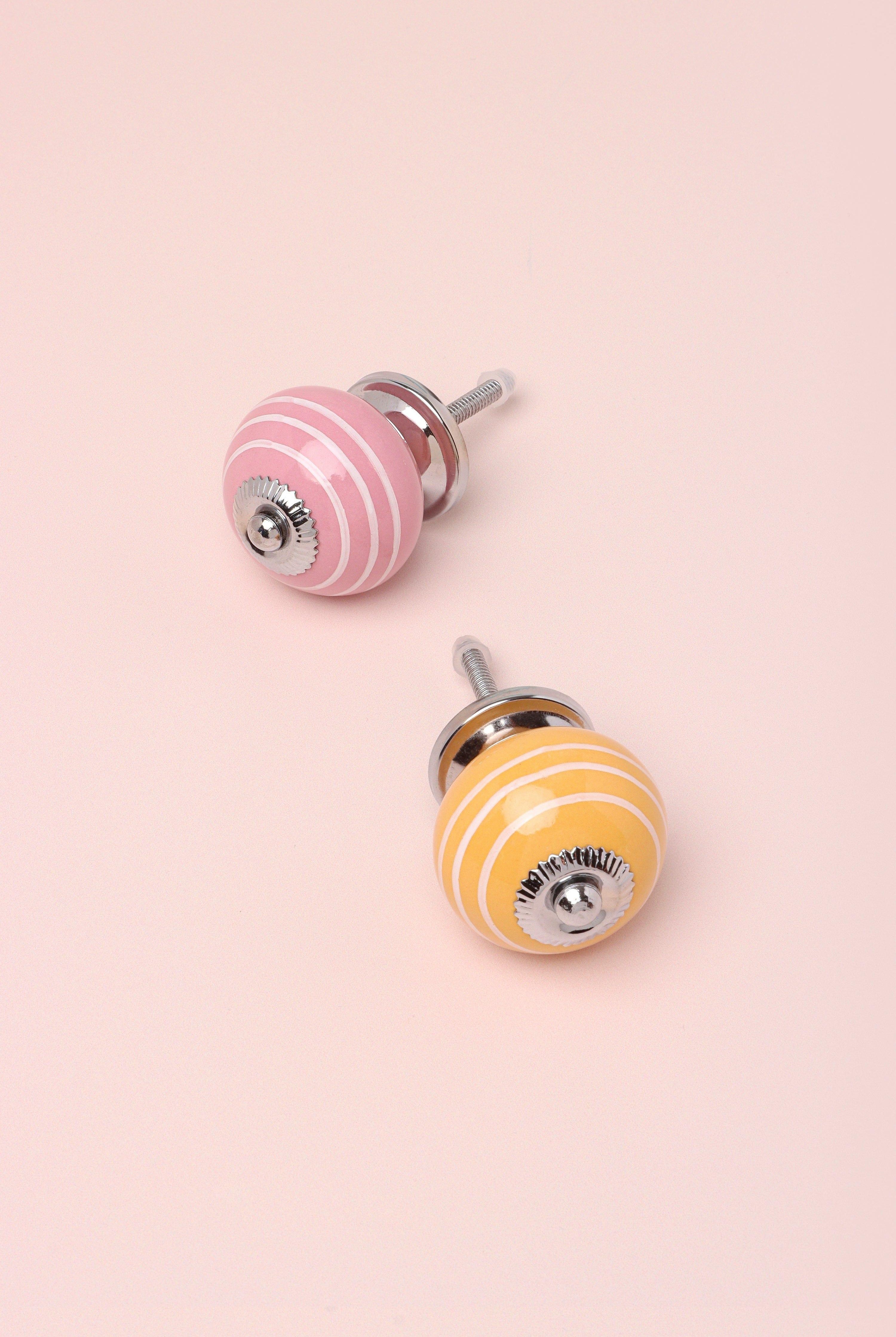 White Striped Handcrafted Ceramic Door Knob In Pink And Yellow Colours - G Decor