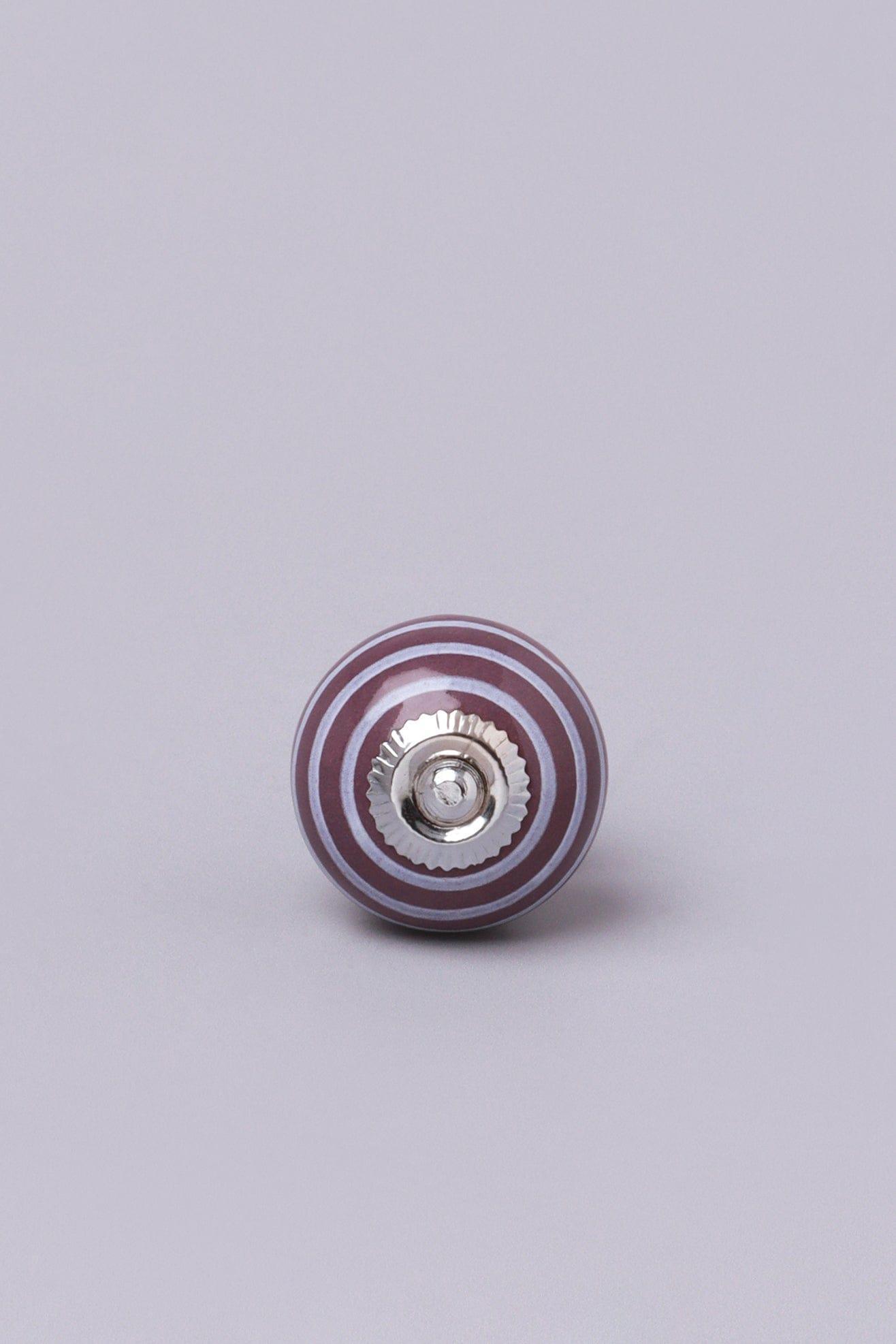 White Striped Handcrafted Ceramic Door Knob In Purple And Dark Grey - G Decor