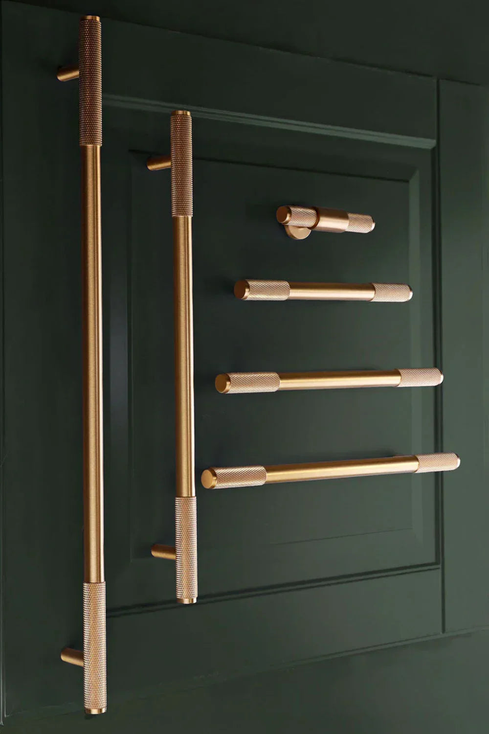A guide to cabinet pulls — Mayfair knurled solid brass bar pull handle in satin brass on a cabinet front | G Decor