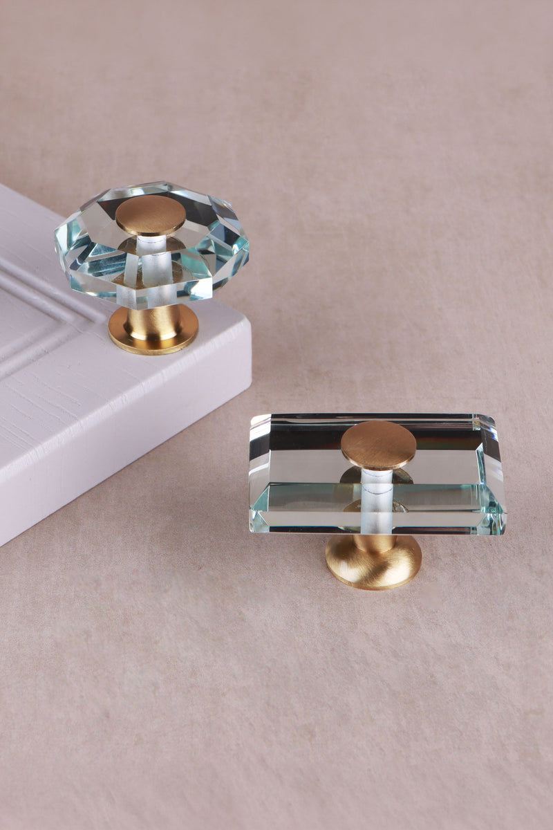 Clear Crystal Glass Cabinet Knob with Satin Brass Base