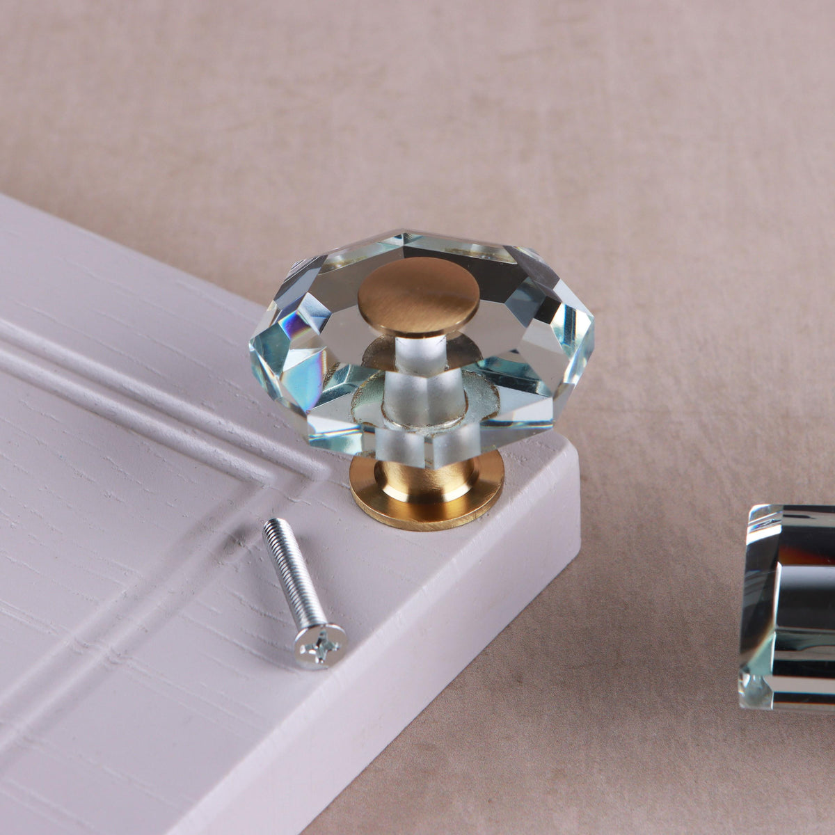 Octagon clear crystal glass cabinet knob, 40 x 40mm, on a satin brass base
