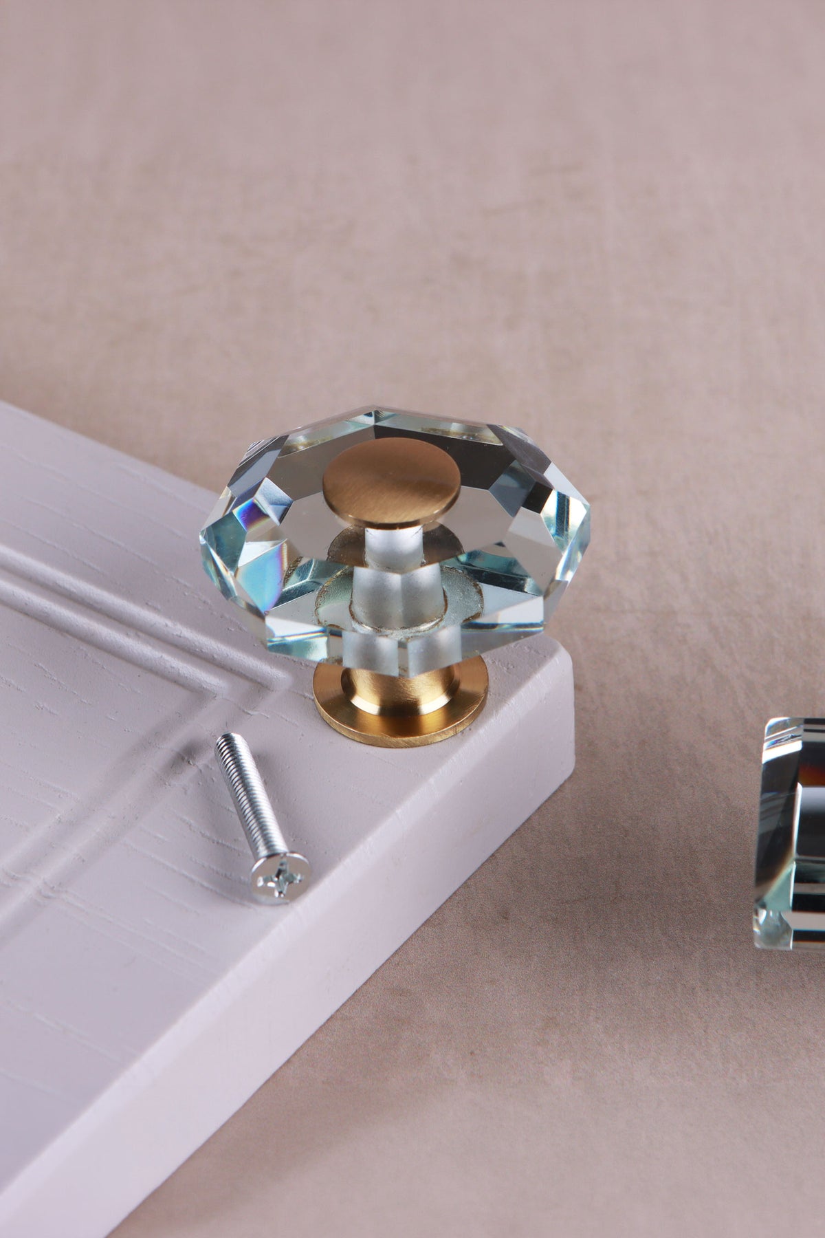 Octagon clear crystal glass cabinet knob, 40 x 40mm, on a satin brass base