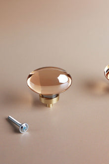 Champagne Crystal Glass and Satin Brass Cabinet Knobs with Backplates