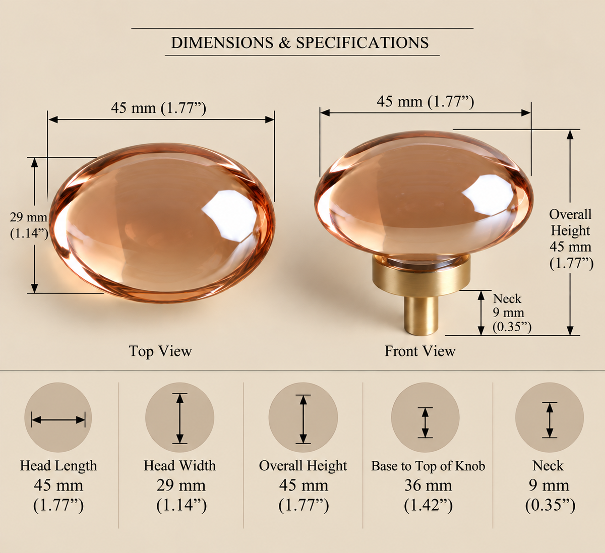 Technical drawing, oval champagne glass knob 015072, 45 x 29mm